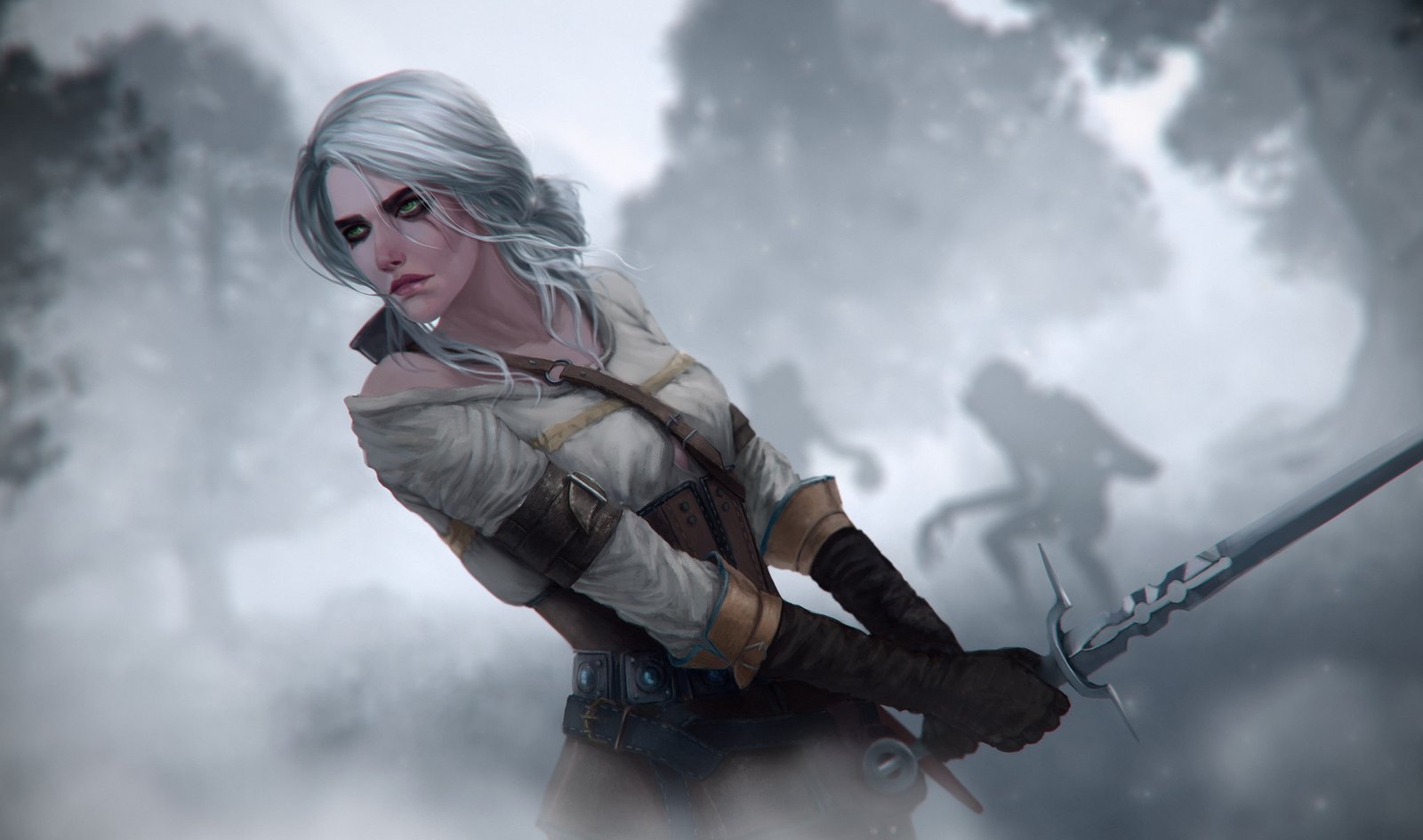 women video games The Witcher Cirilla sword green eyes 2k