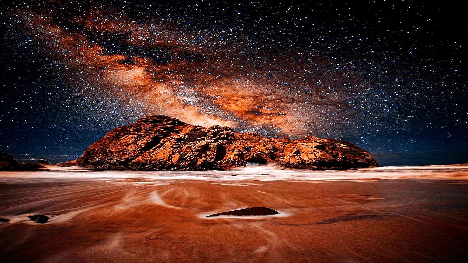 desert night rocks stars sky milky way starry 2k