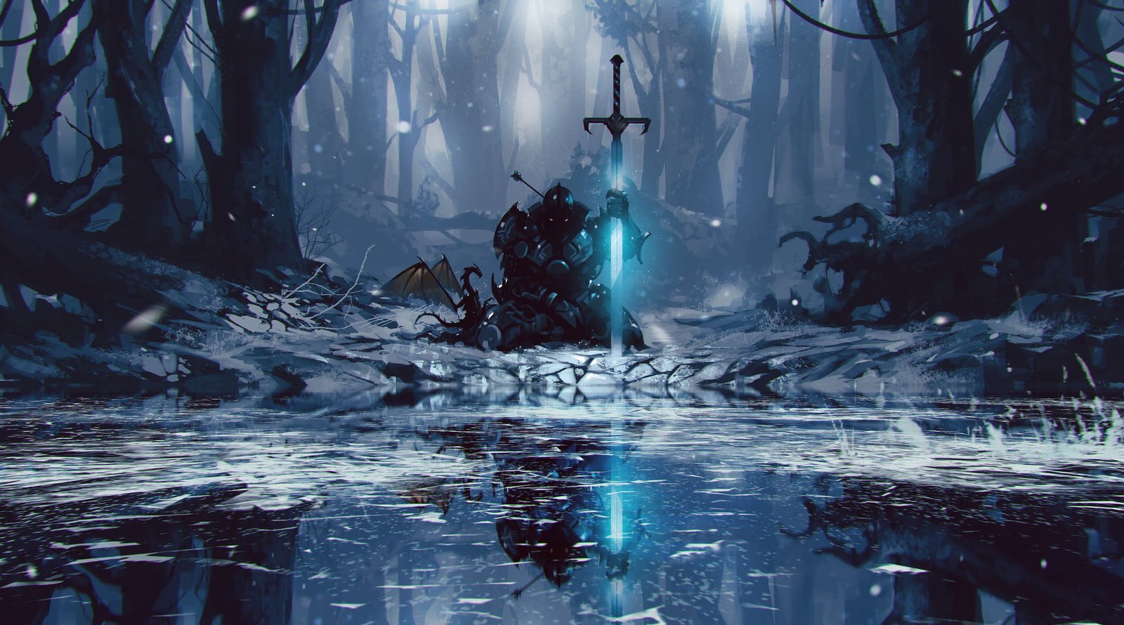 knight holding sword while kneeling wallpaper photo of wounded beside baby dragon near body water 2k