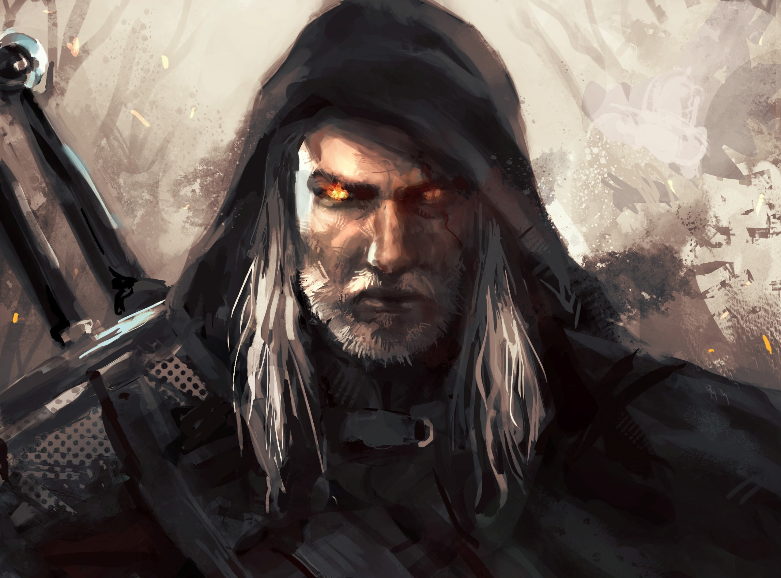 man in black hood with swords digital wallpaper the witcher 2k