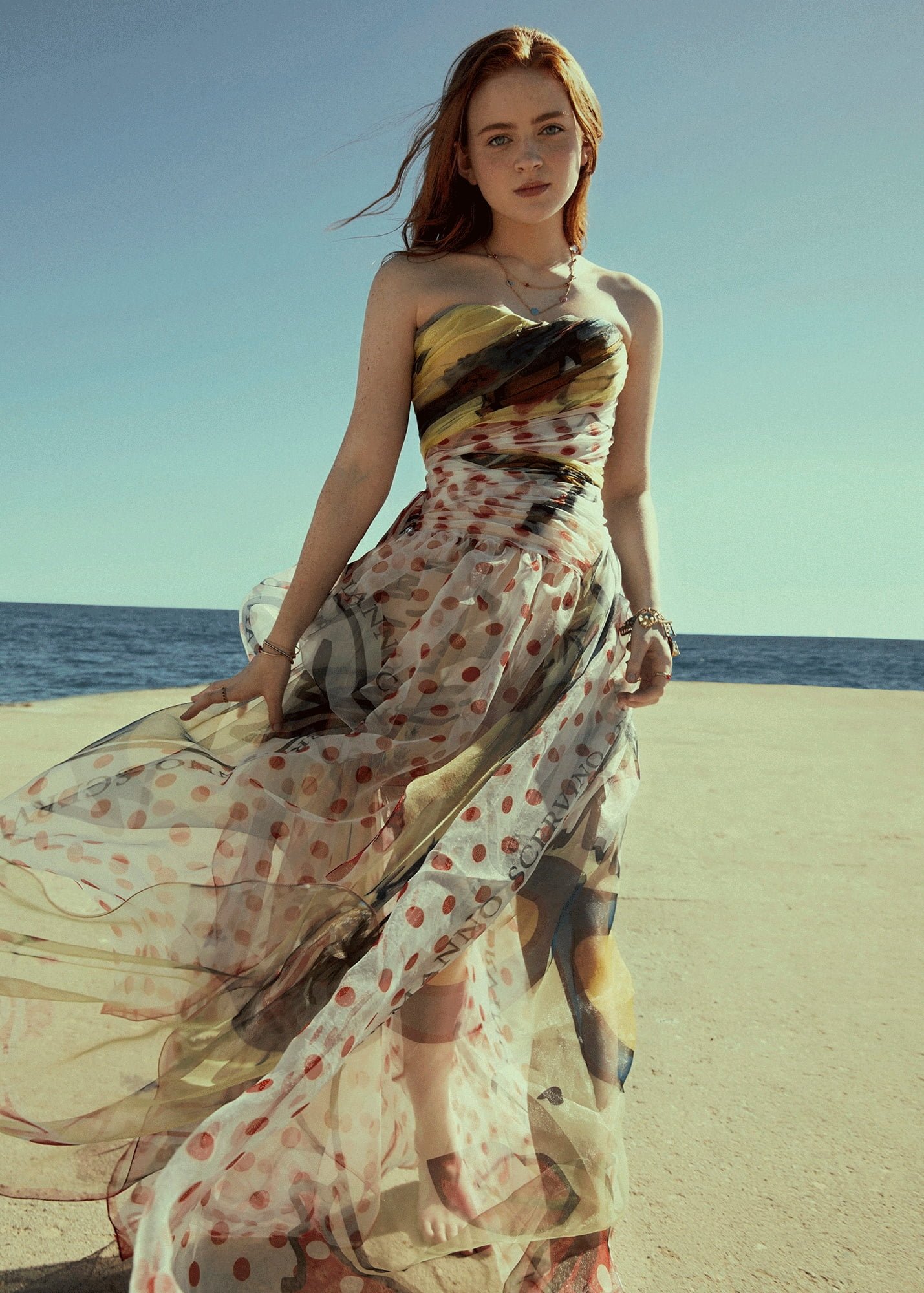 Sadie Sink women actress looking at viewer redhead see through dress