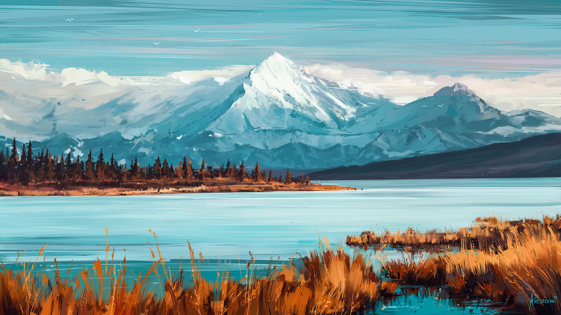 snow mountain and lake painting body of water near covered 2k
