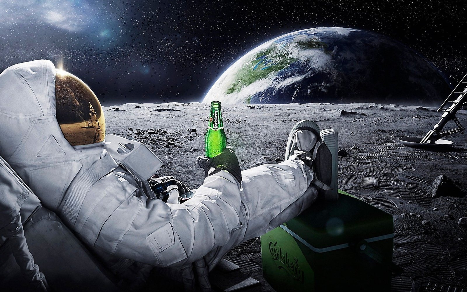 astronaut sitting on moon wallpaper holding glass bottle with green liquid chair out in the galaxy 2k