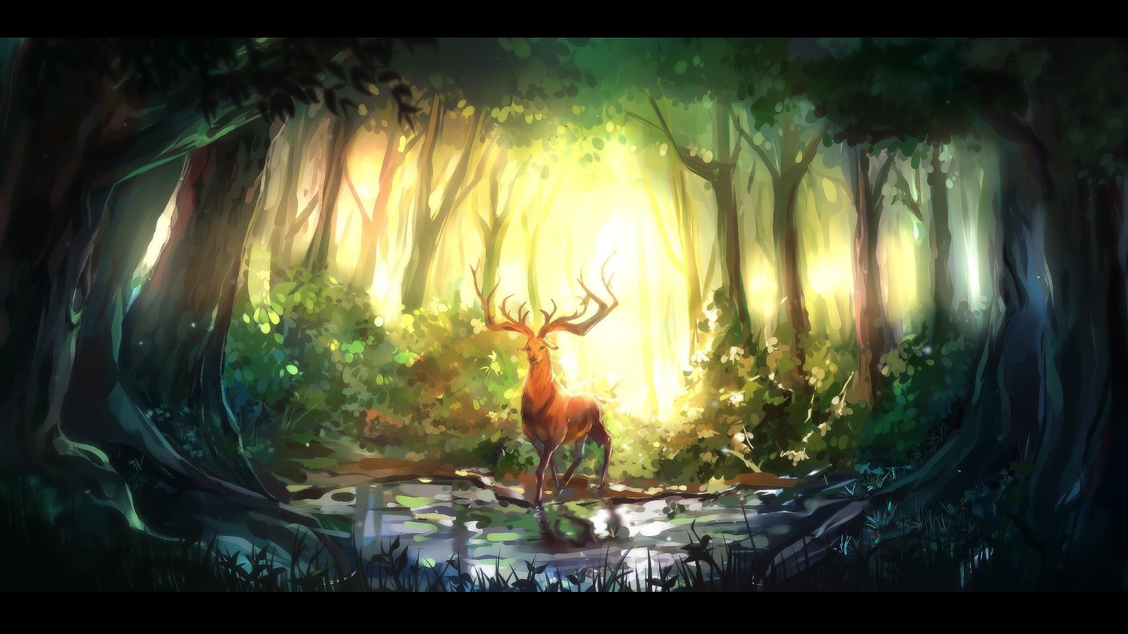 brown reindeer in forest painting nature animals digital art 2k