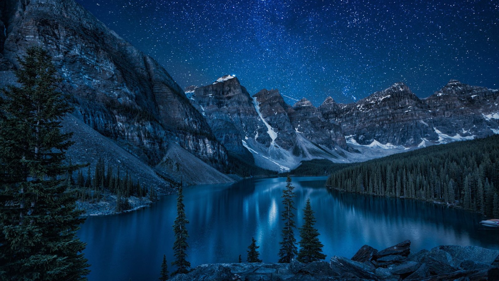 Canada nature lake mountains trees forest stars landscape 2k