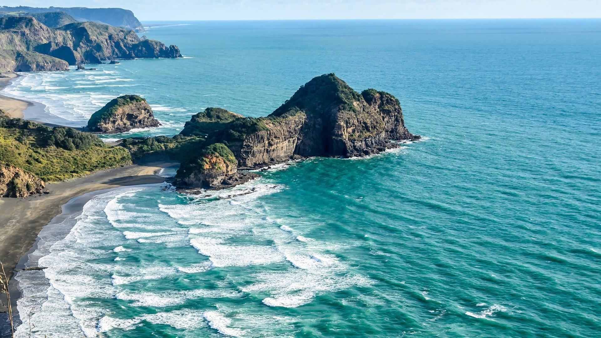 coast sea new zealand bethells beach promontory cliff 2k