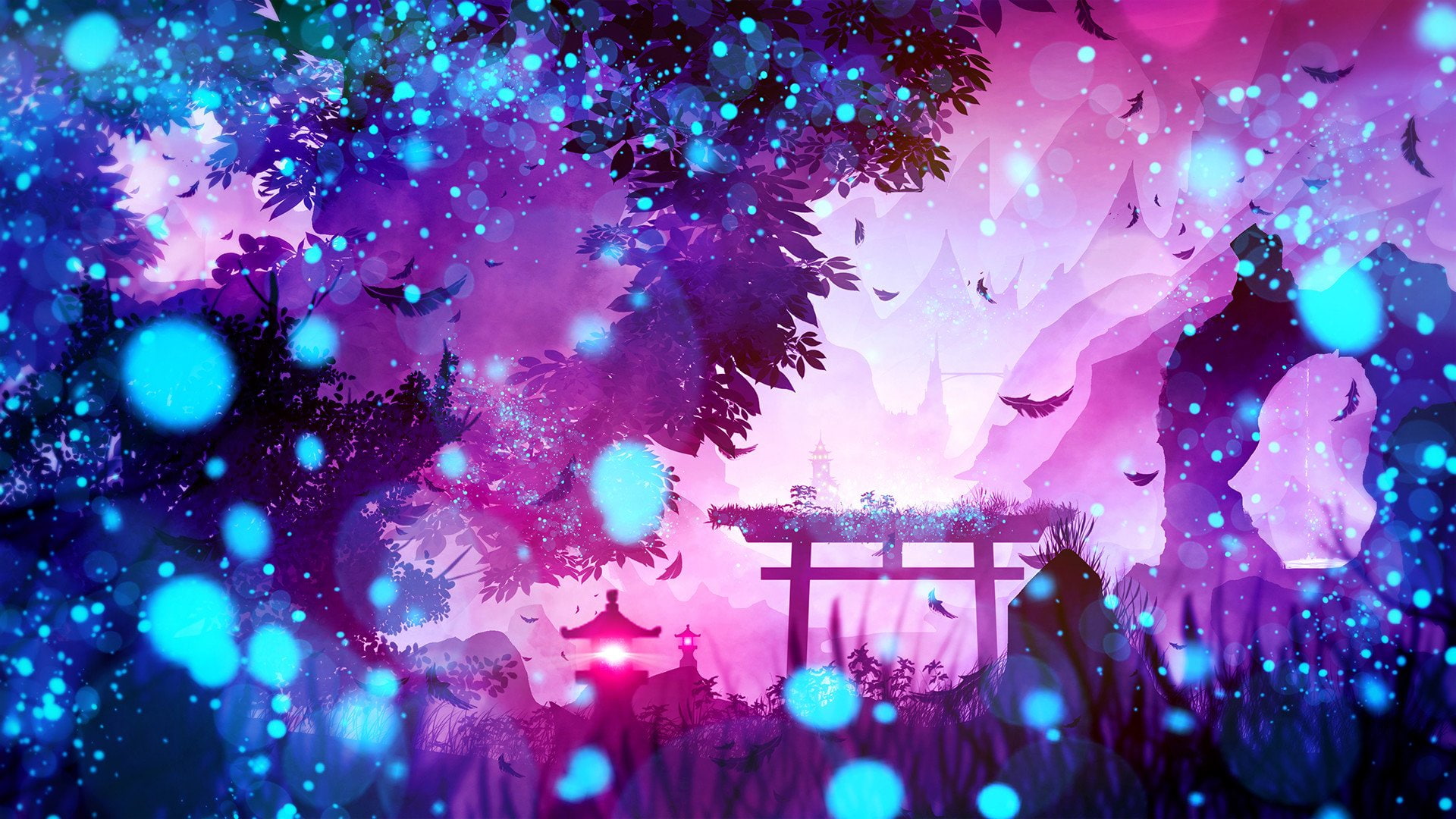 Fantasy Landscape Blue Lantern Nature Purple Shrine 2k
