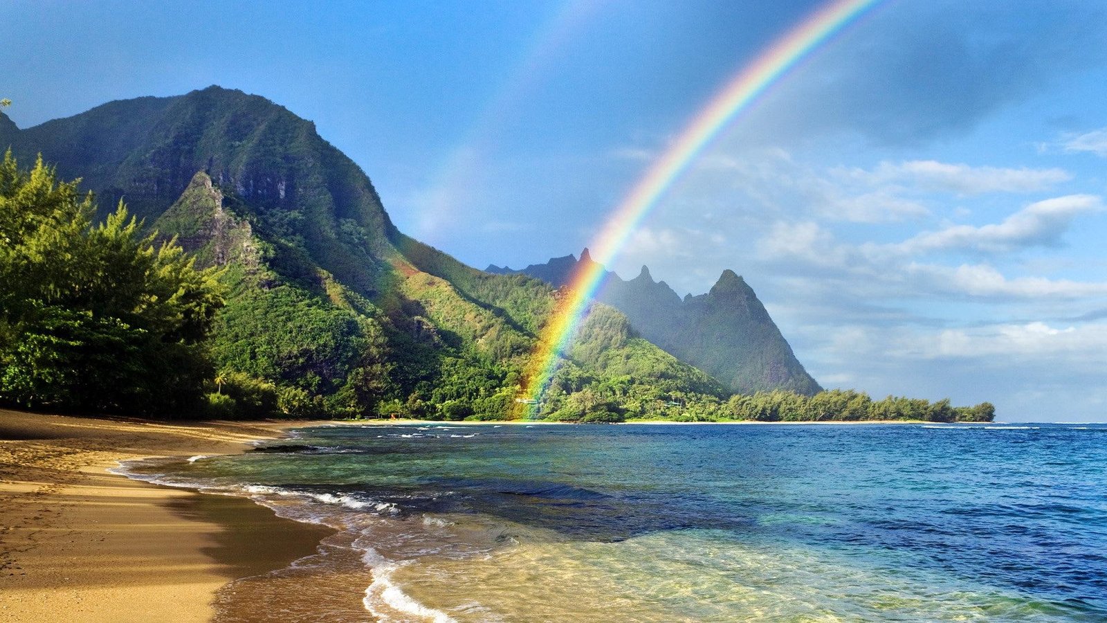 Glorious Rainbow On Hawaiian Beach mountains trees nature and landscapes 2k