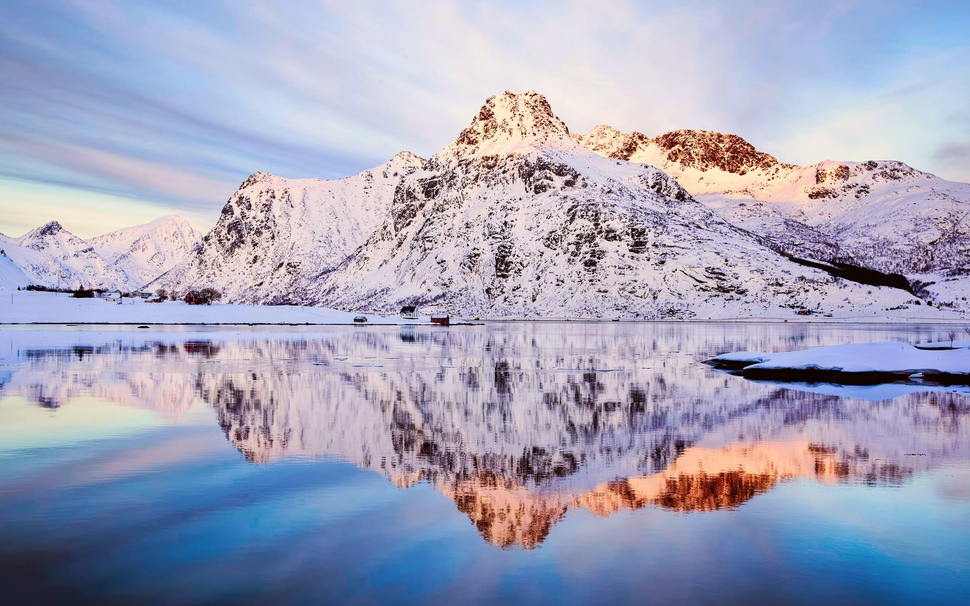 Norway winter scenery snow mountains sky lake water reflection 2k