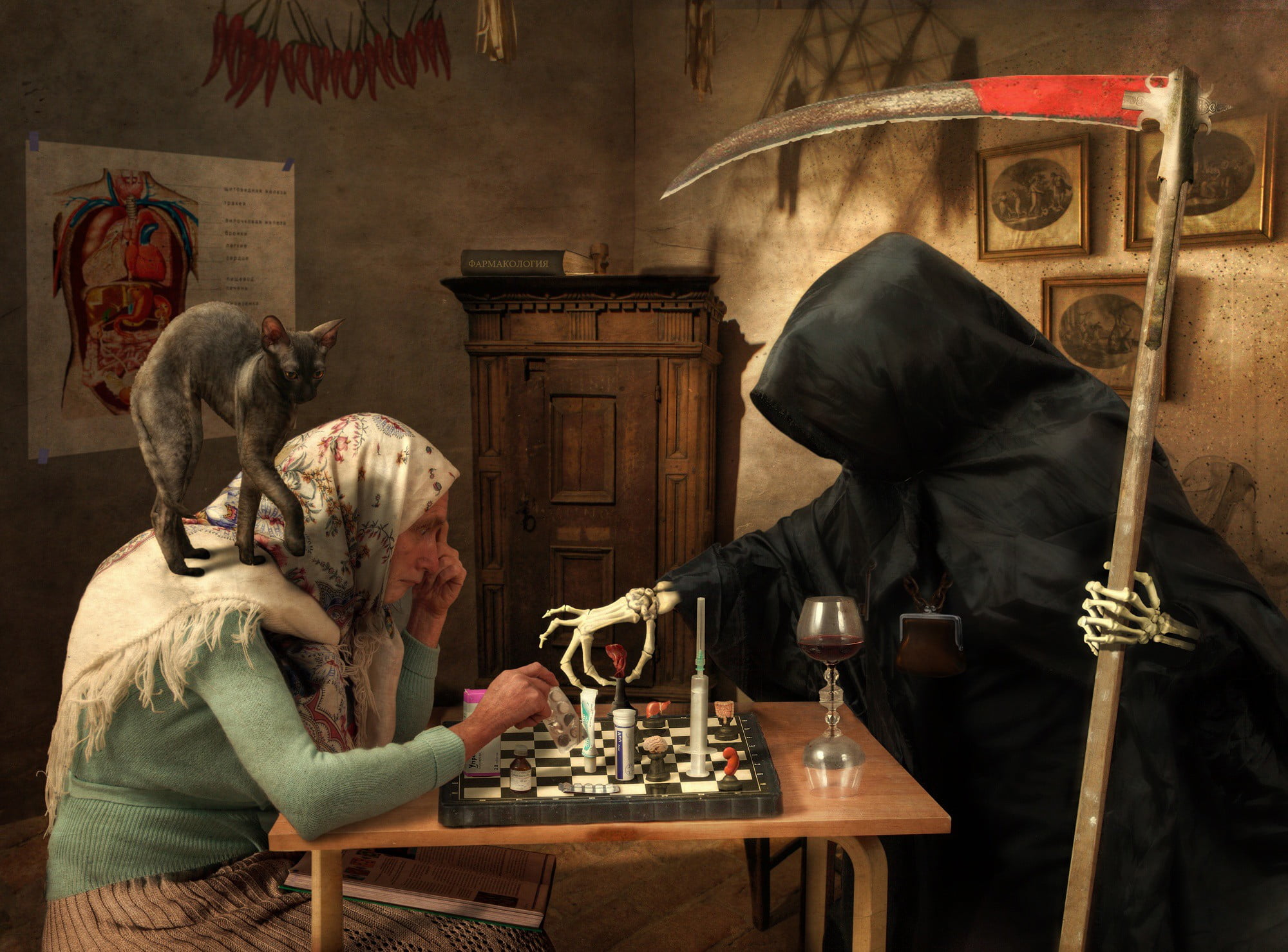 woman and Grim Reaper playing chess wallpaper artwork cat old people 2k