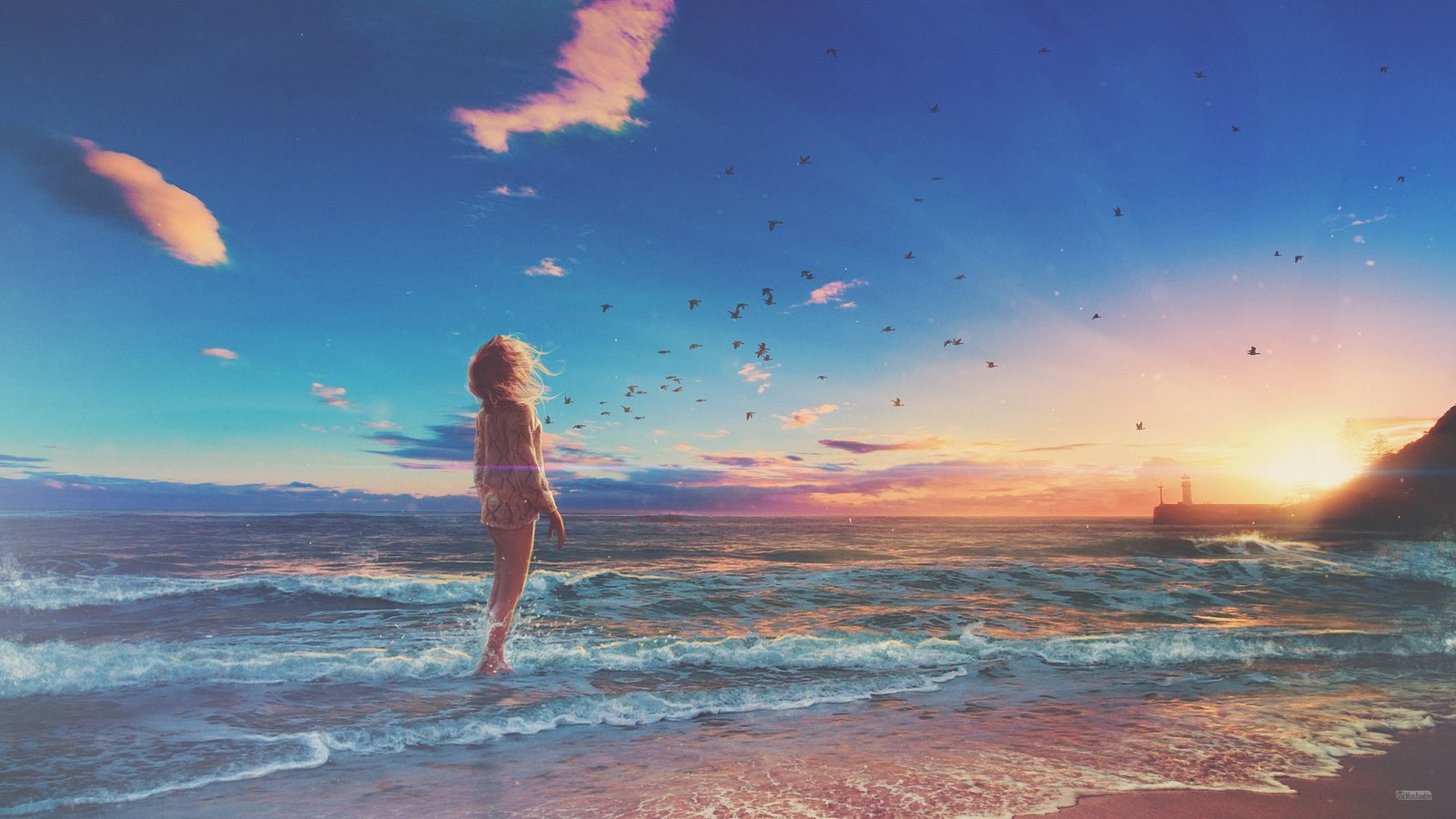 beach birds shore wind sunset digital art horizon waves 2k