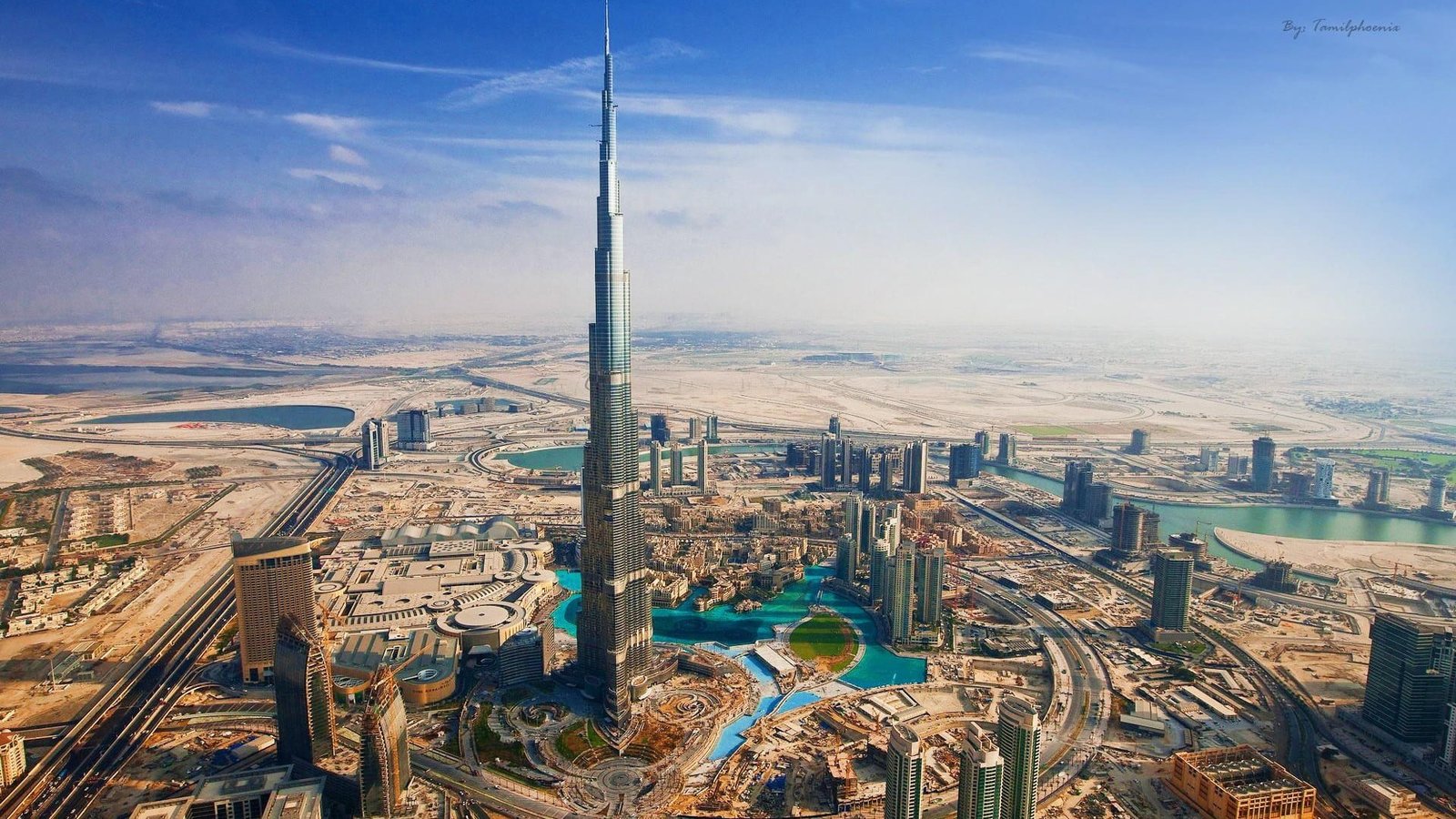 Burj Khalifa UAE top view of black building at the city Dubai 2k