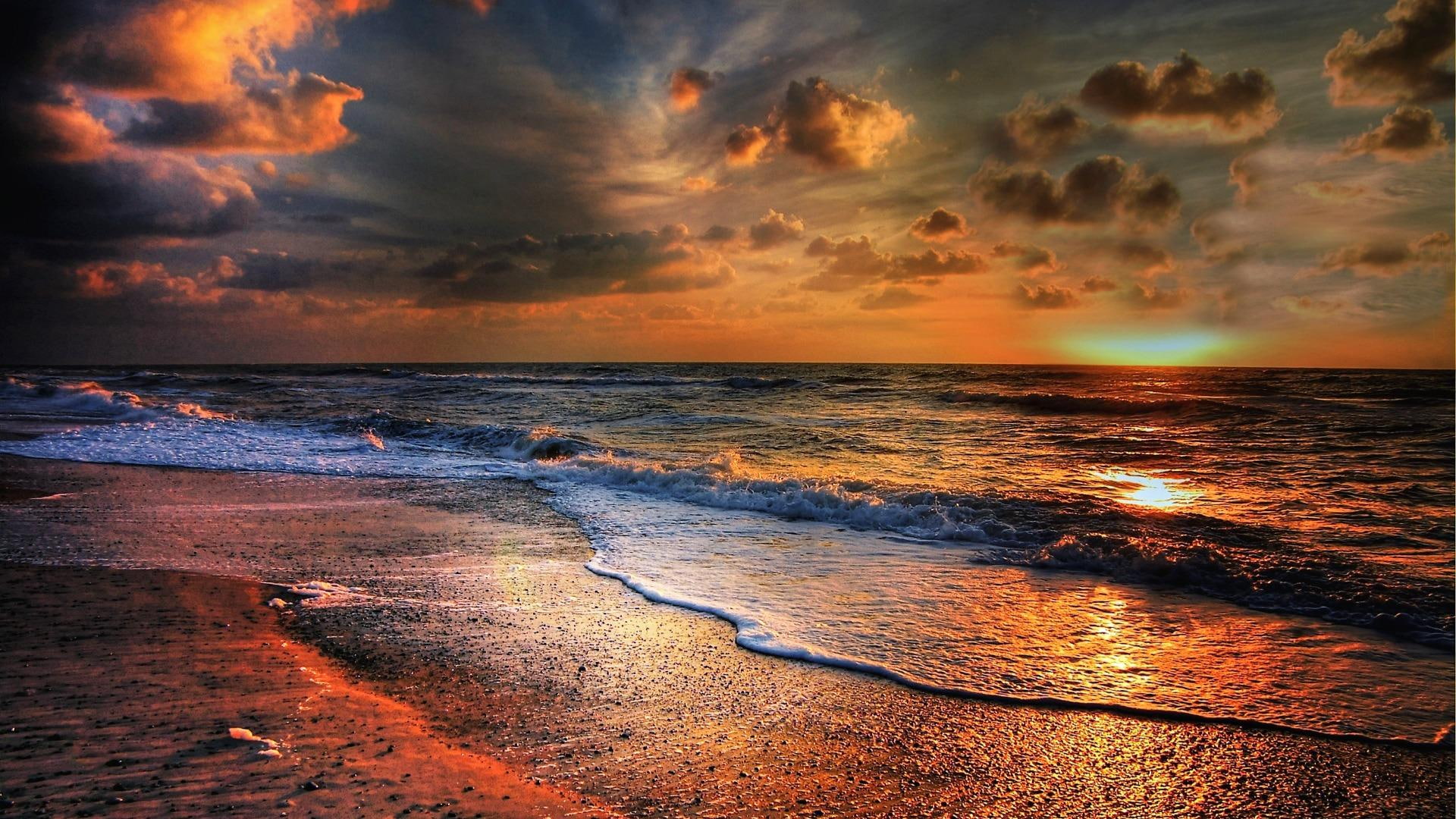 seaside sunset sky horizon beach shore ocean wave cloud 2k