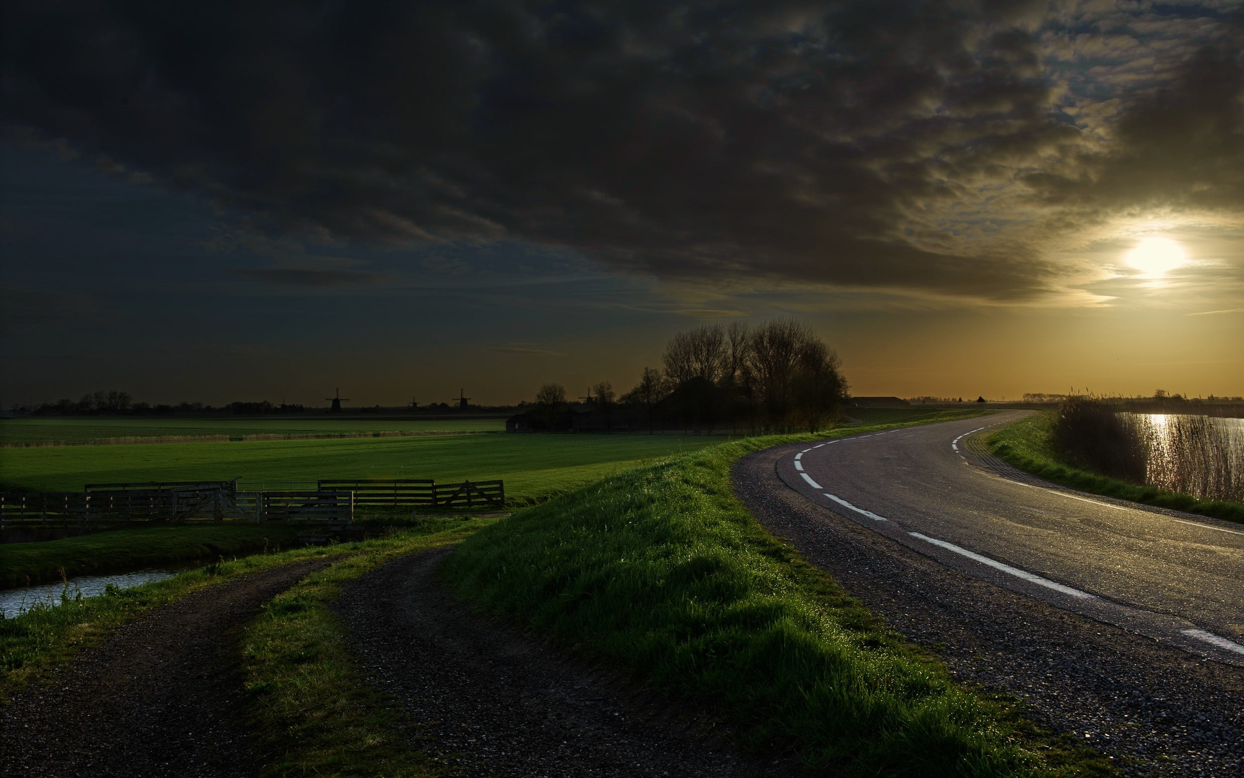 gray asphalt road nature landscape grass field fence moonlight 2k