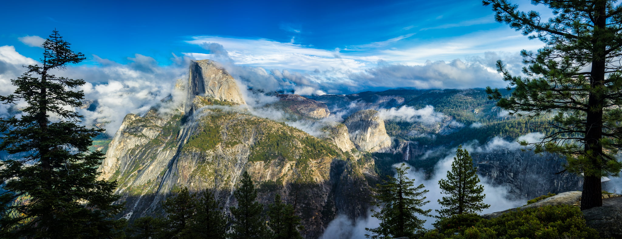 mountain cliff cover with clouds near trees landscape painting washburn yosemite national park 2k