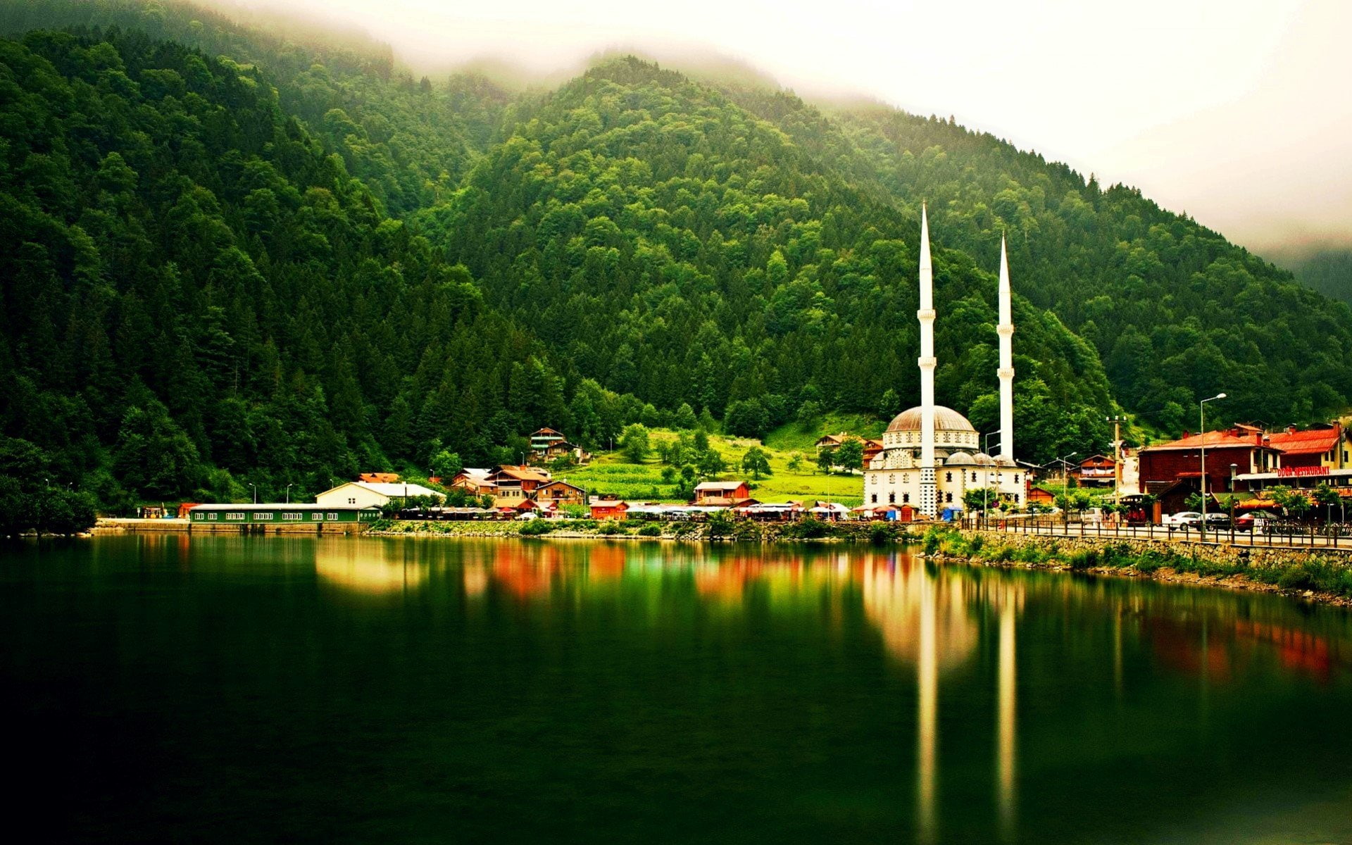 forest Hills lake landscape mist Mosque nature Trabzon 2k