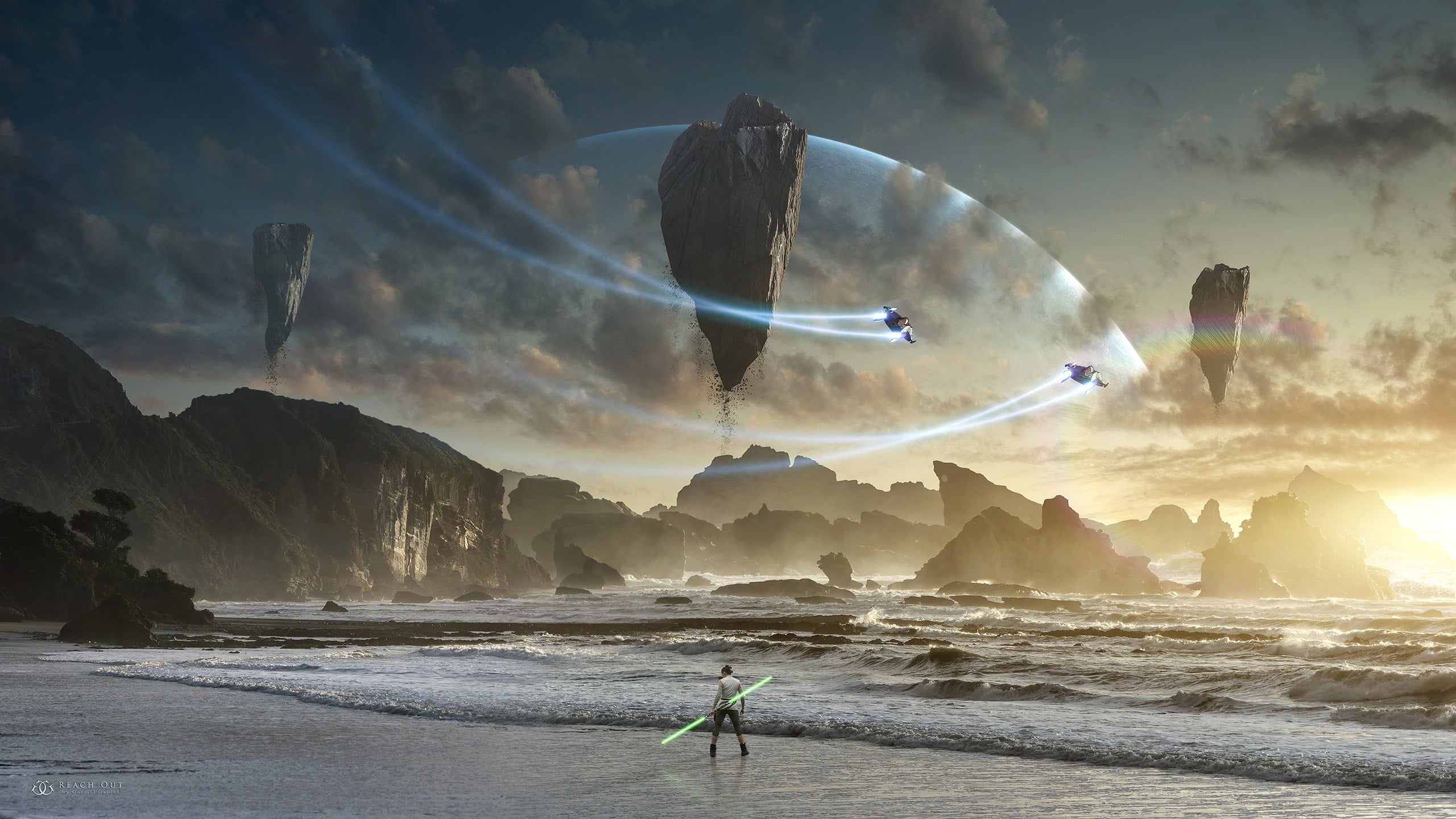 person holding saber on shore digital wallpaper Star Wars The Last Jedi 2k