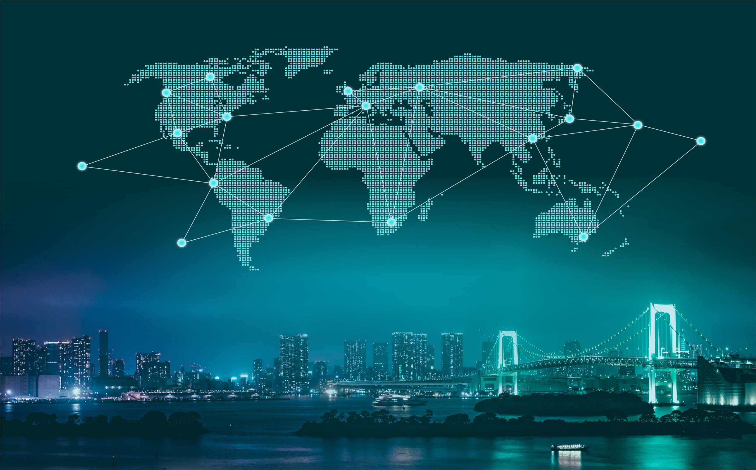 Trade and Commerce World Map Over City at Night africa asia 2k
