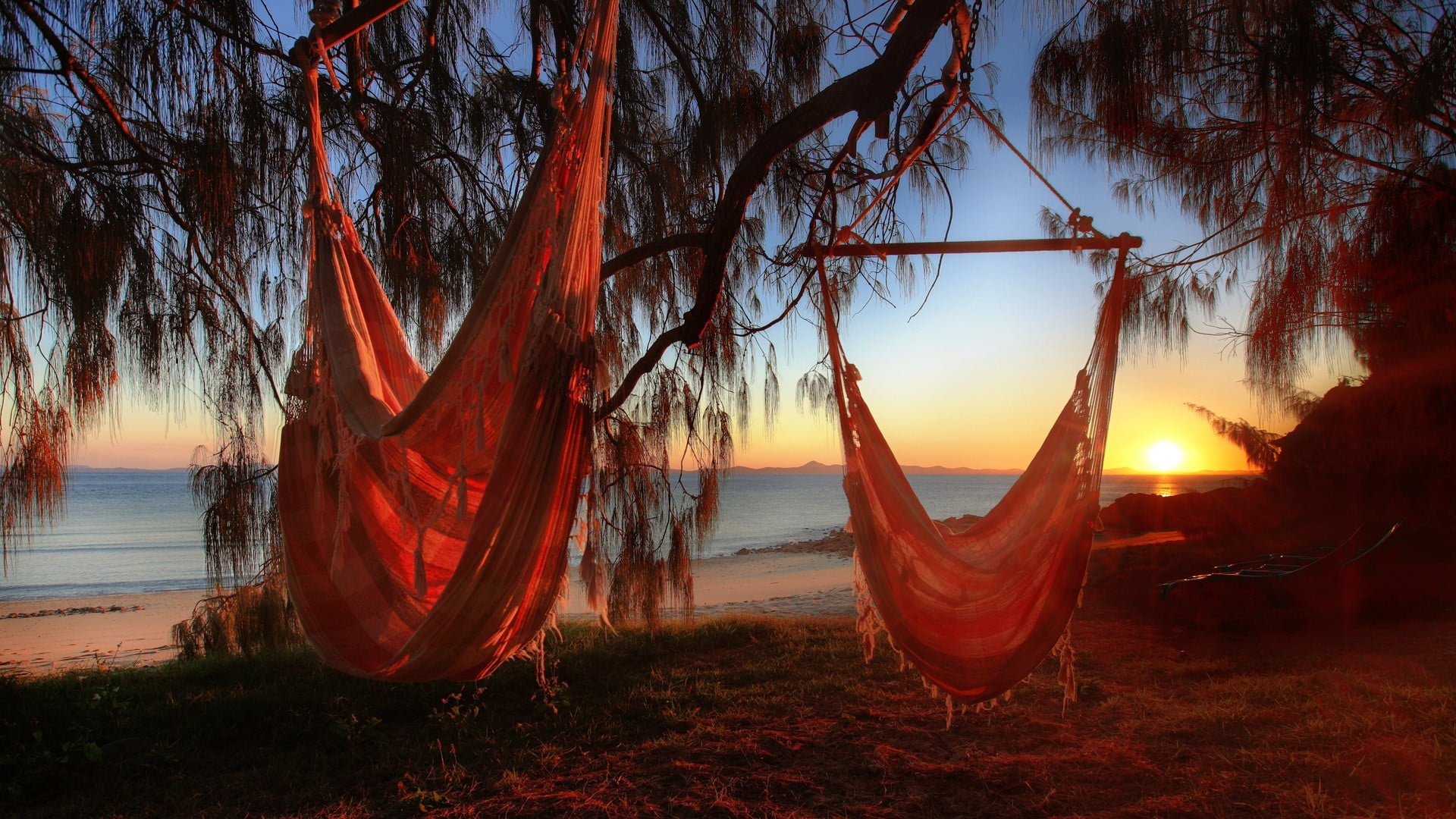 two brown hammocks beach sunlight relaxing sunset tranquility 2k