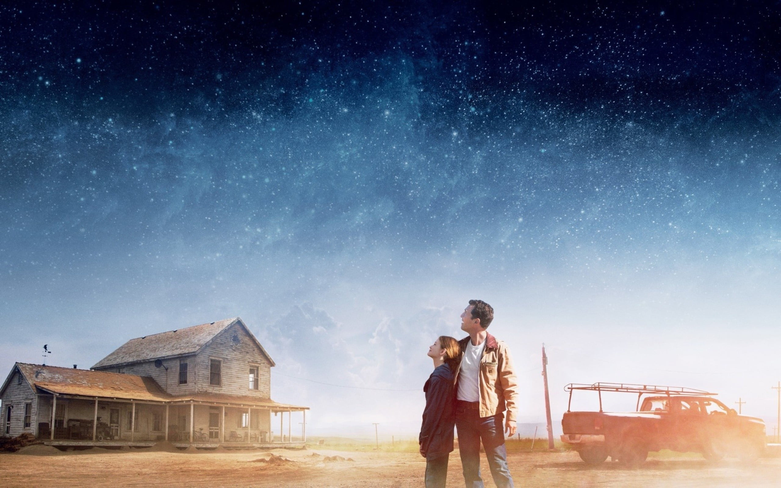 man and child standing near house wallpaper Interstellar movie 2k
