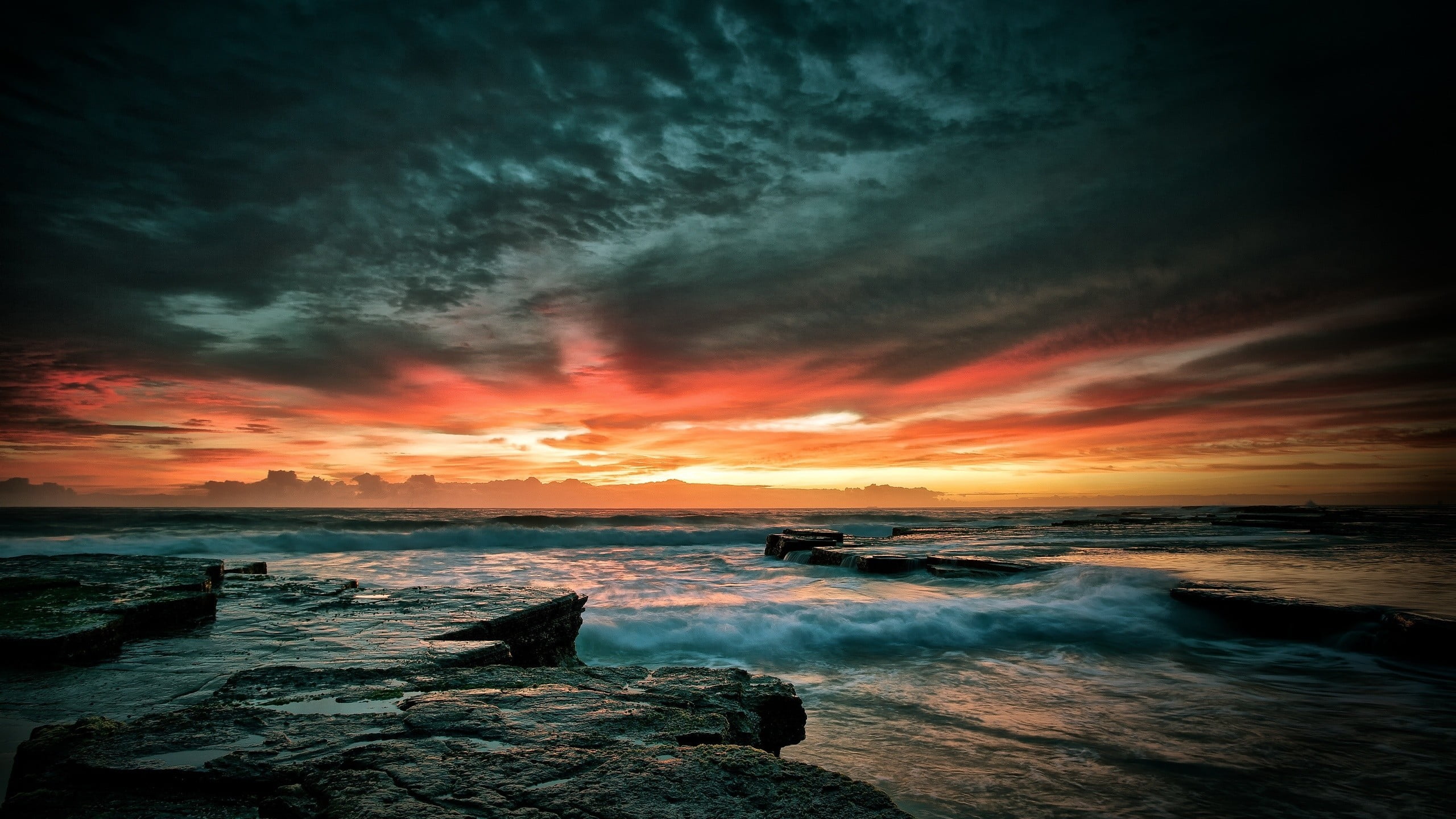sunset over the horizon nature beach water sea waves rock Object 2k