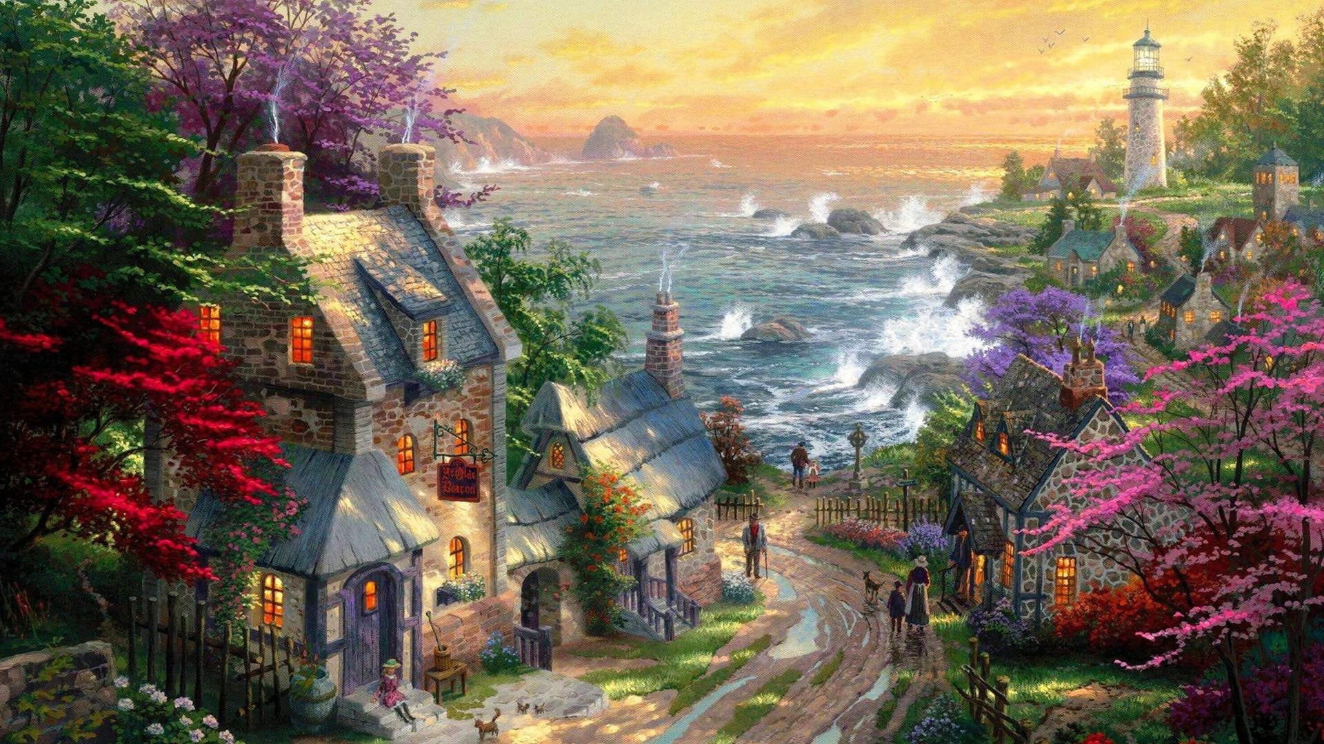 Thomas Kincaid the village lighthouse beautiful scenery widescreen 2k