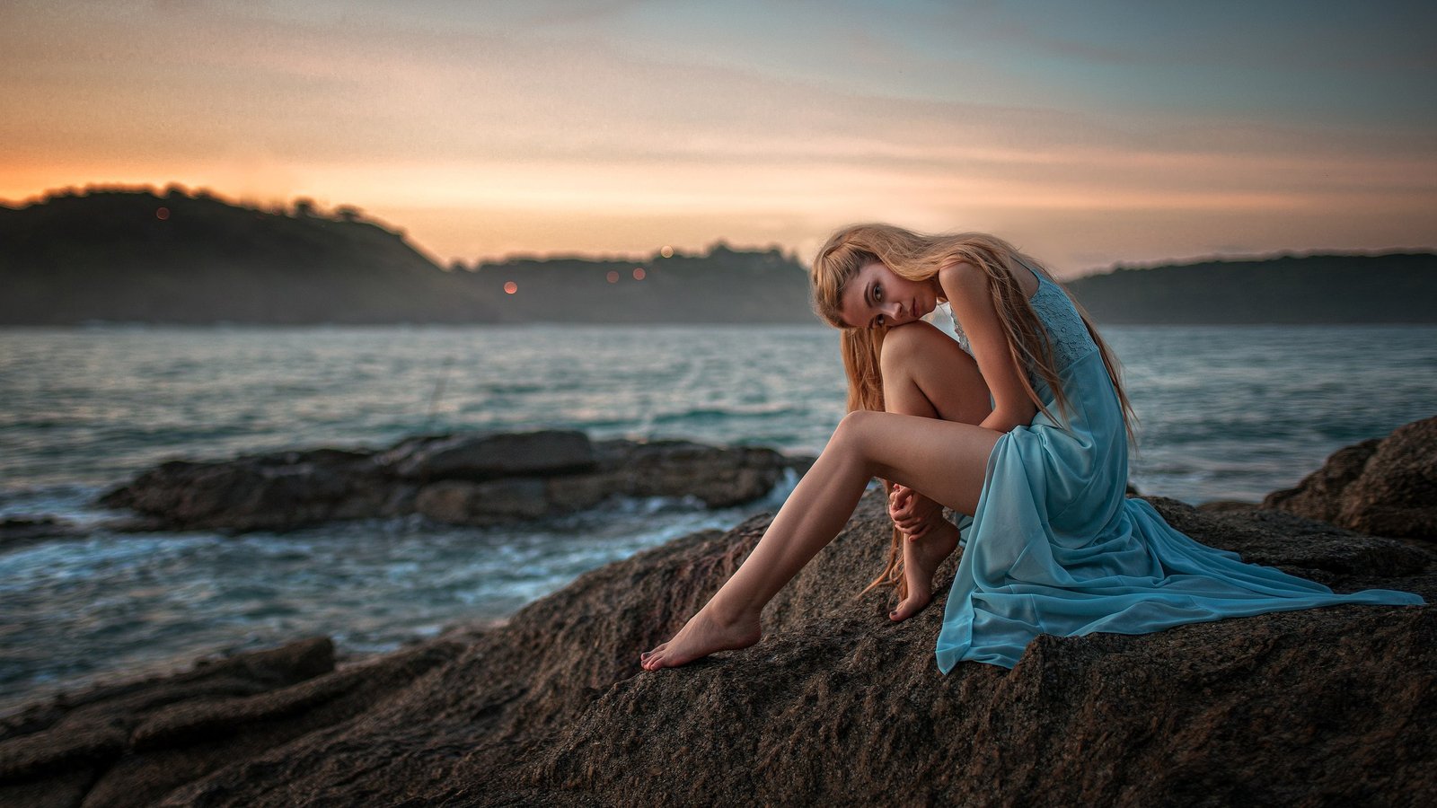 women's blue dress sea look pose mood model legs Kseniya Kokoreva 2k