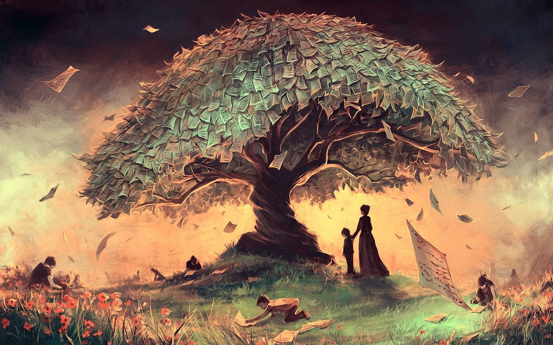 woman and children under tree wallpaper child on of money illustration 2k
