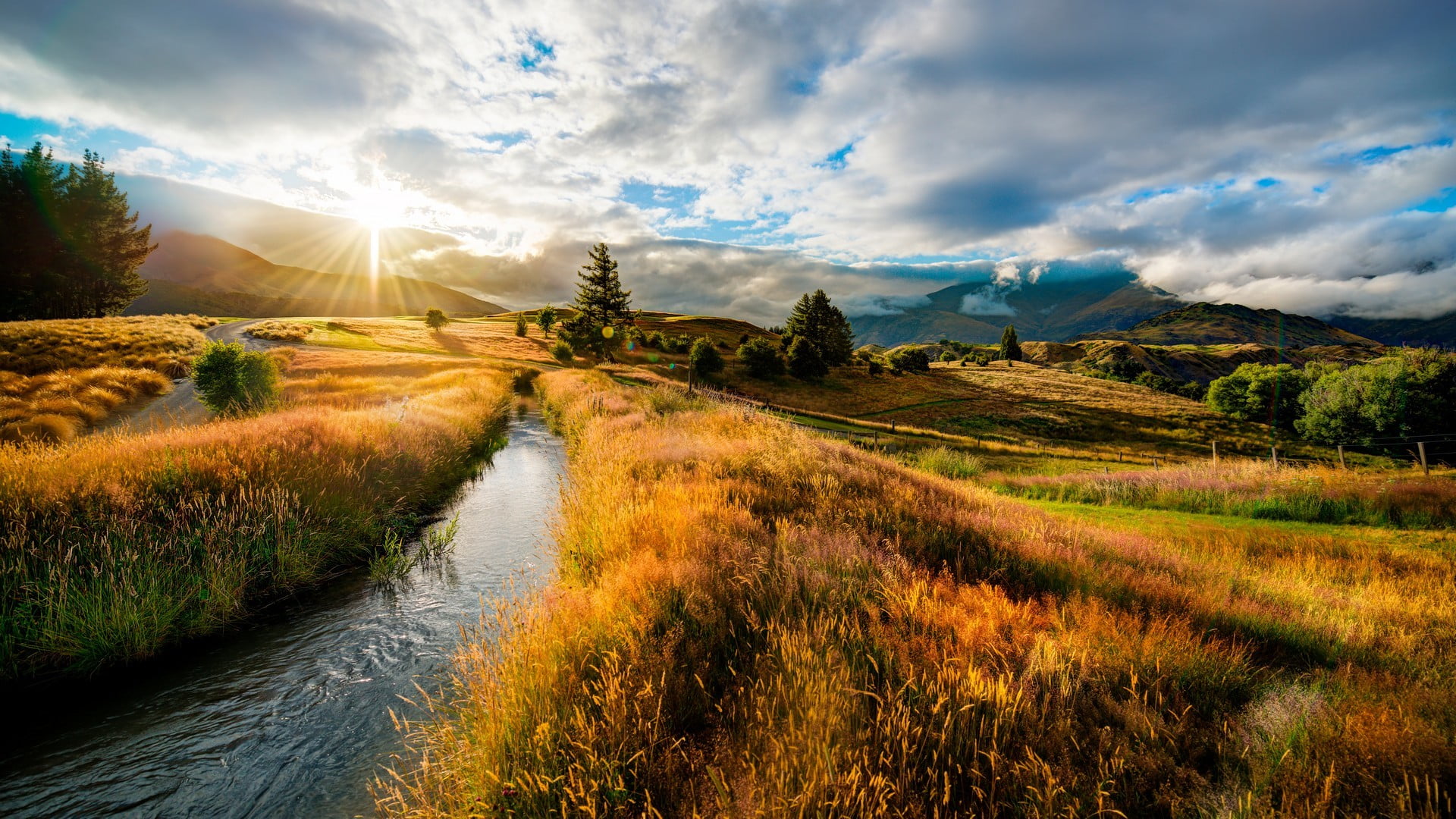 body of water HD photography orange grass field with creek under gray and white cloudy sky during daytime 2k