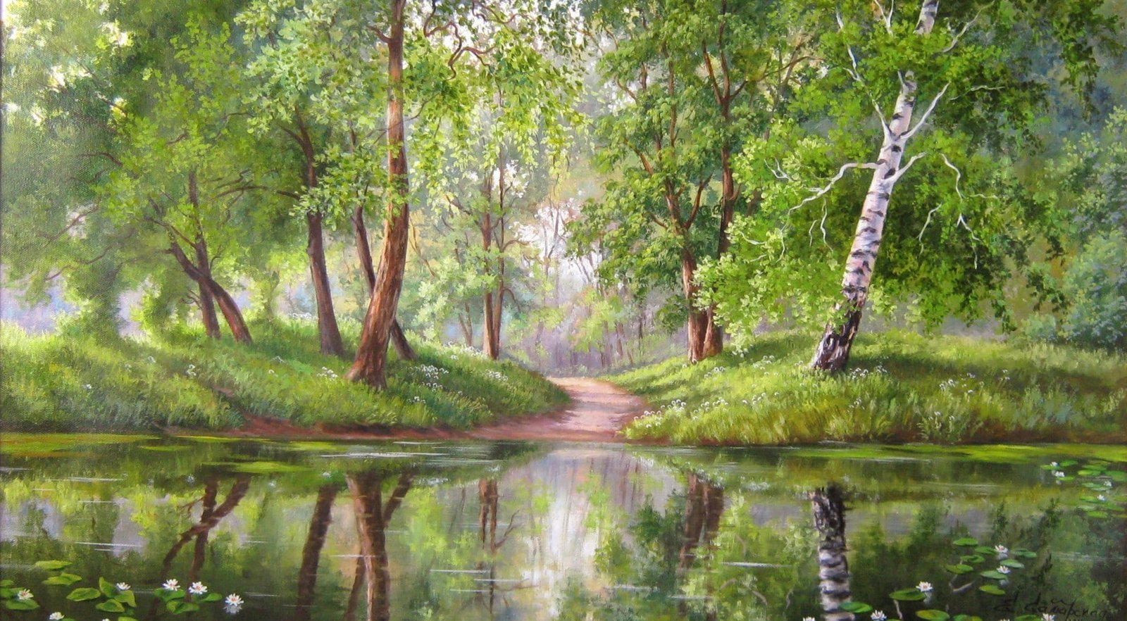 forest trees water nature artwork painting plant reflection 2k