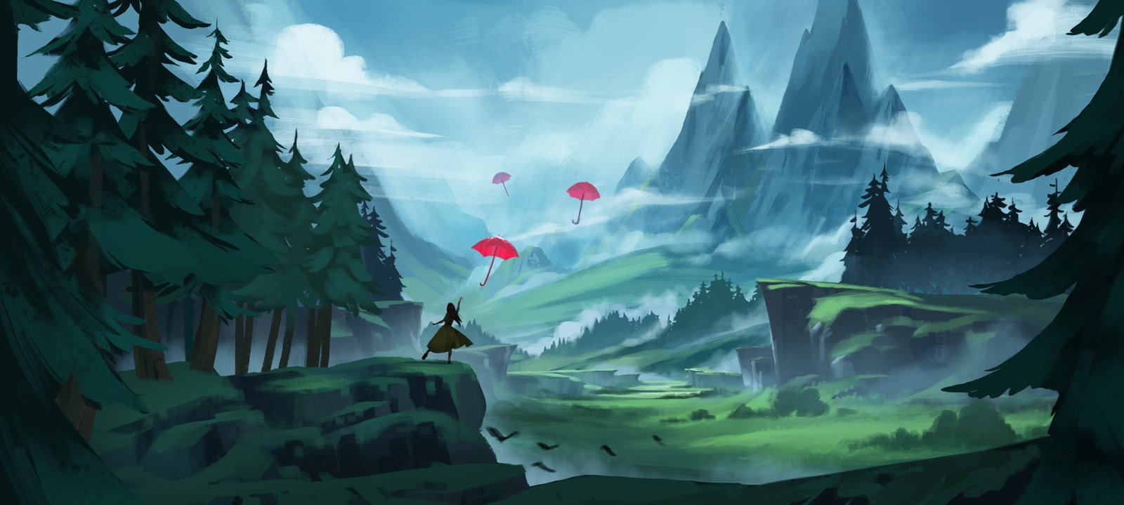 illustration women landscape mountains forest umbrella 2k 4k