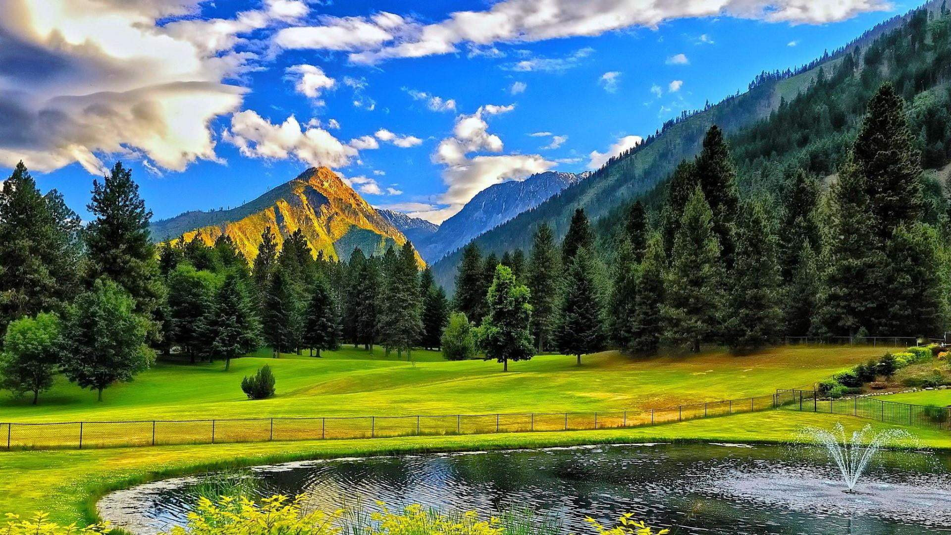 nature pond sky field mount scenery fountain mountain 2k