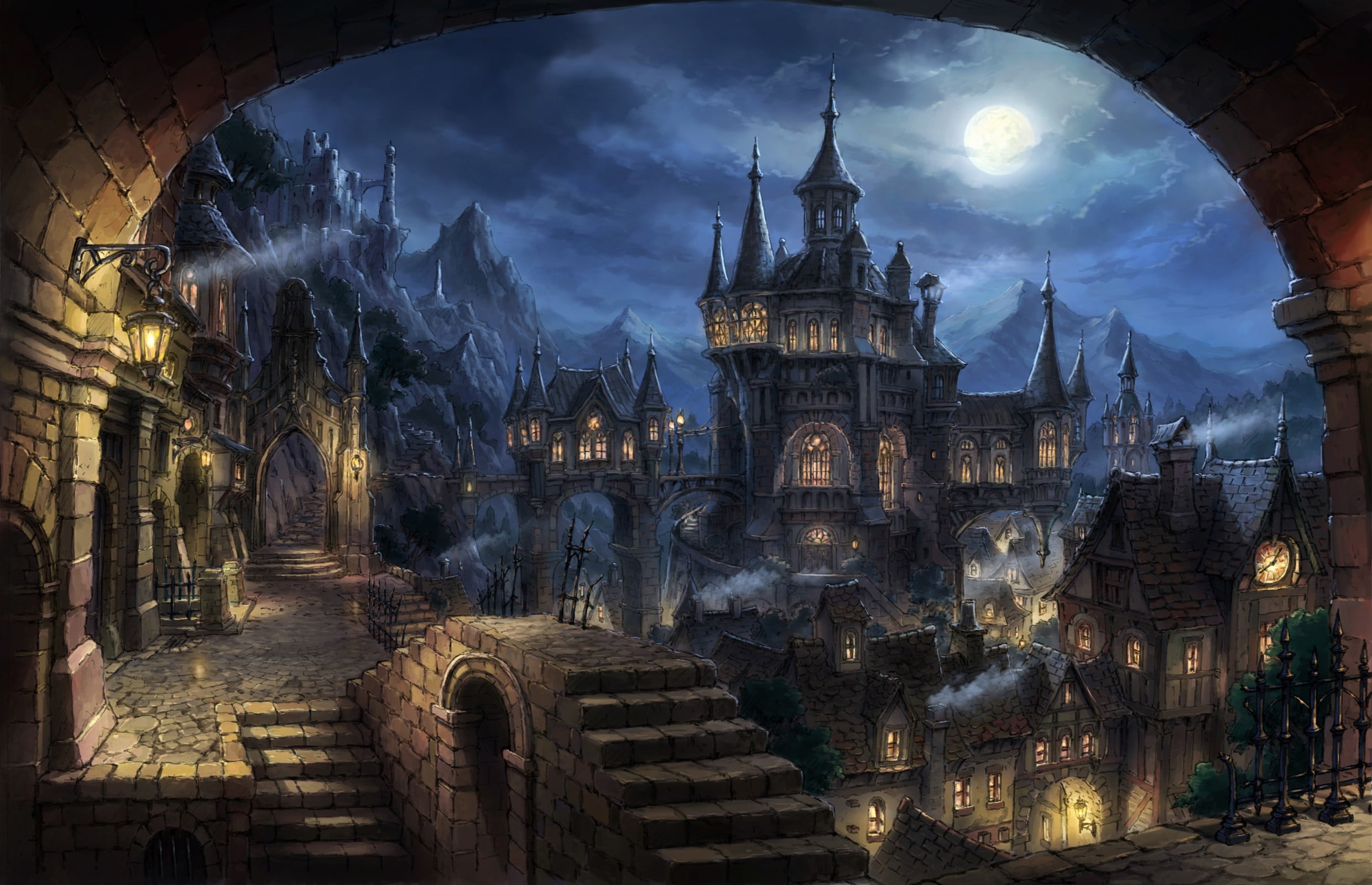 black castle digital wallpaper illustration of and houses 2k