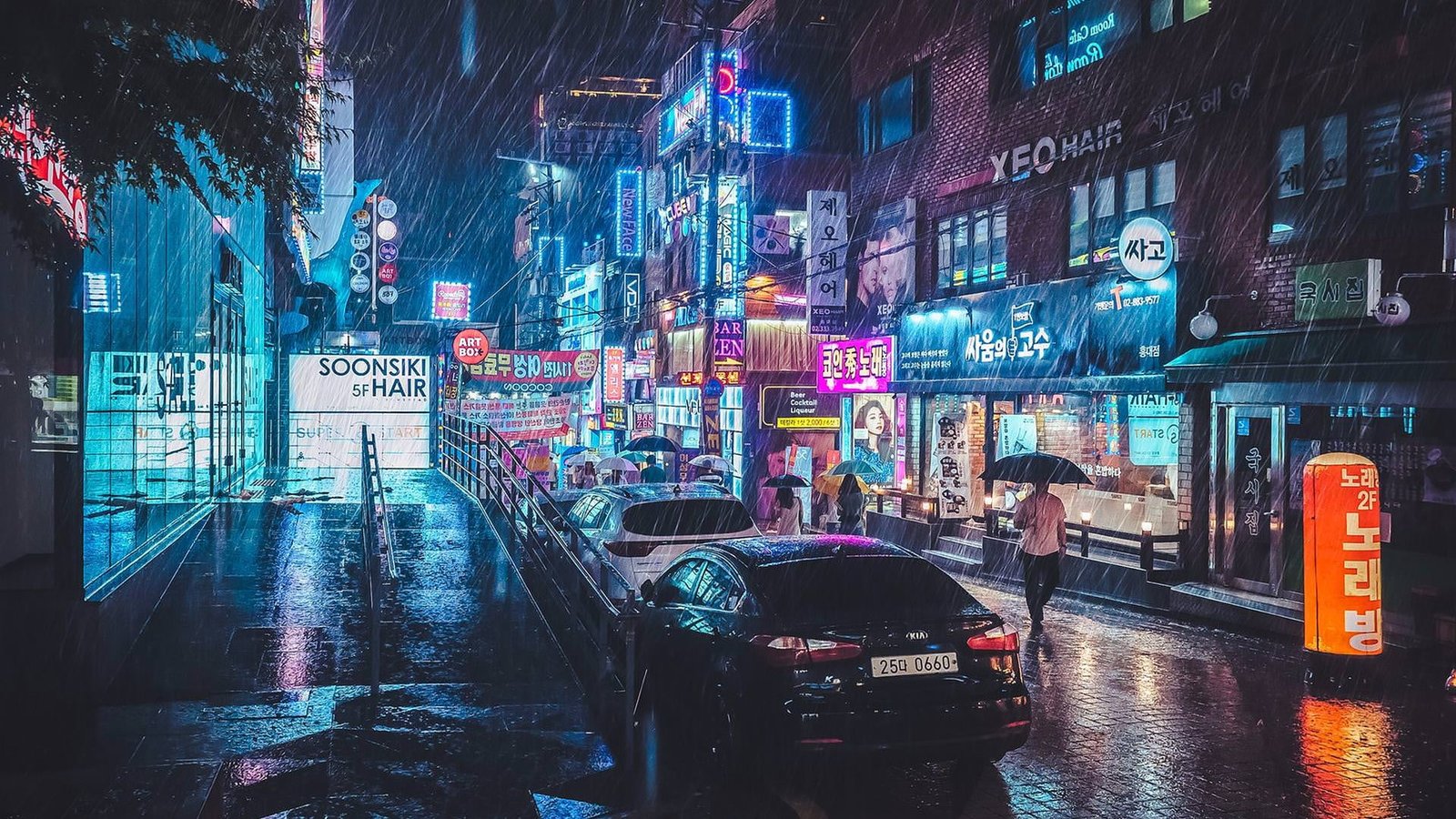 black sedan car street neon rain reflection Korean 2k