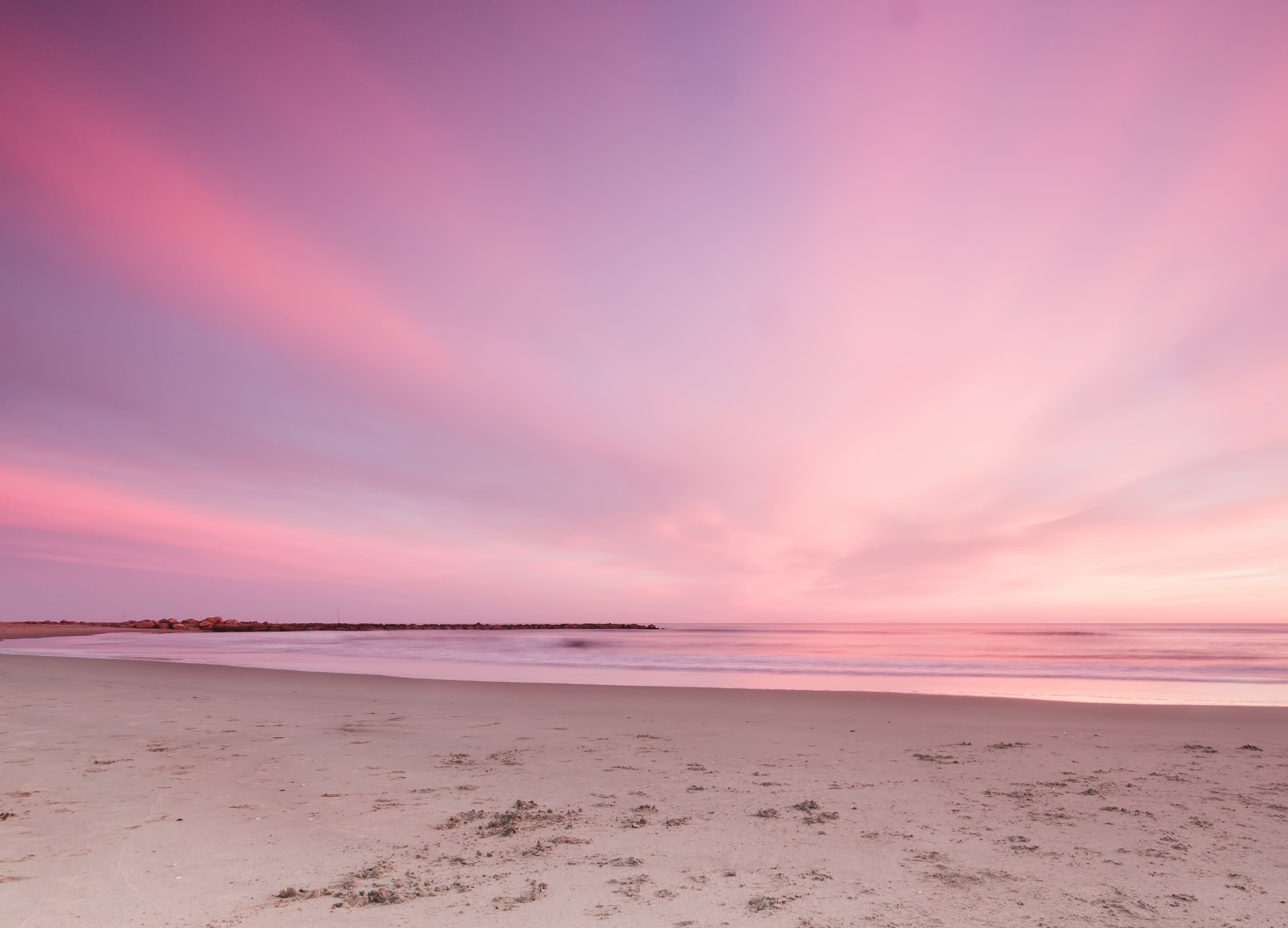 gray sand sunset beach the sky horizon pink seascape romantic 2k 4k
