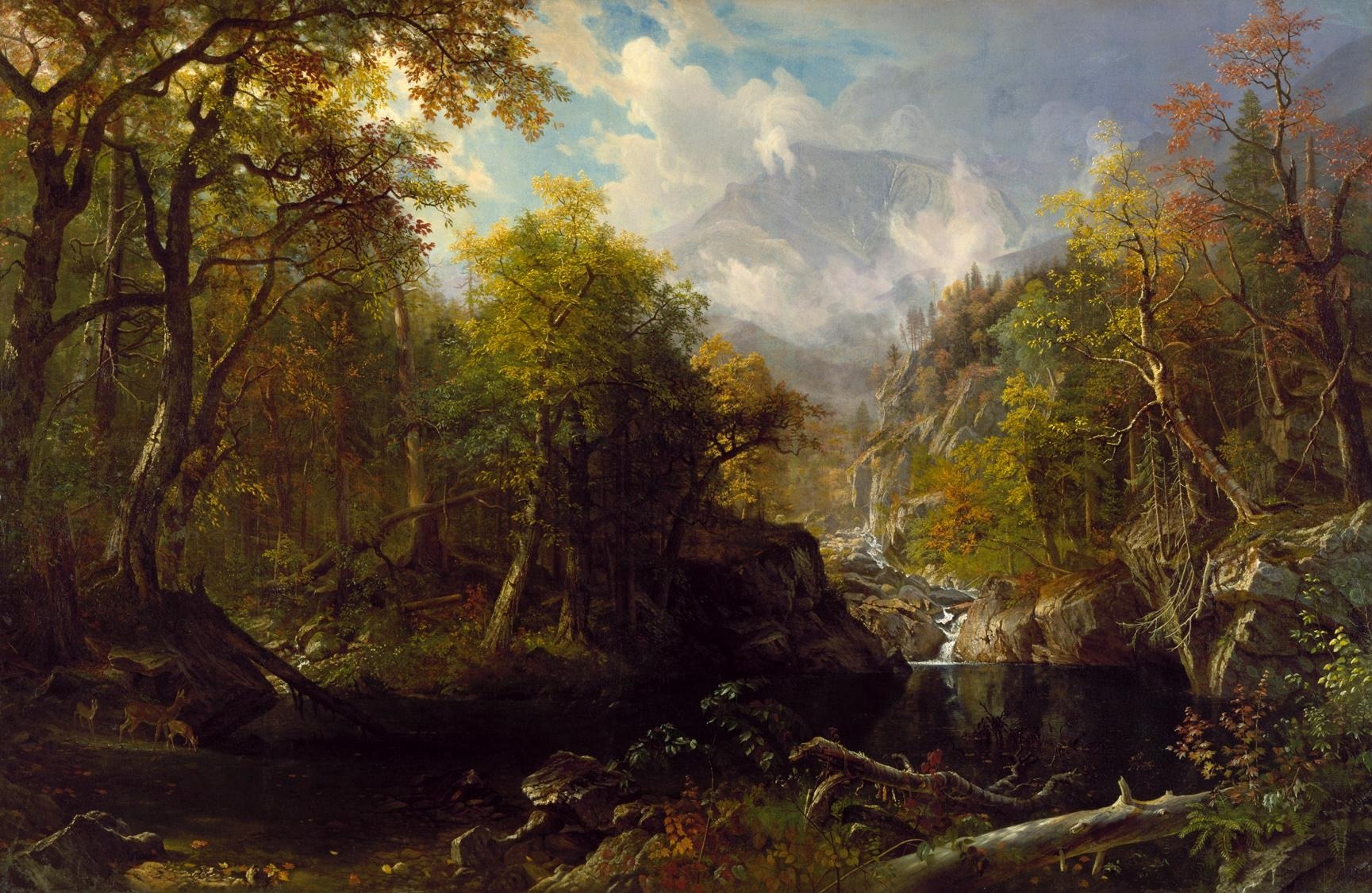 green trees beside river illustration albert bierstadt landscape 2k