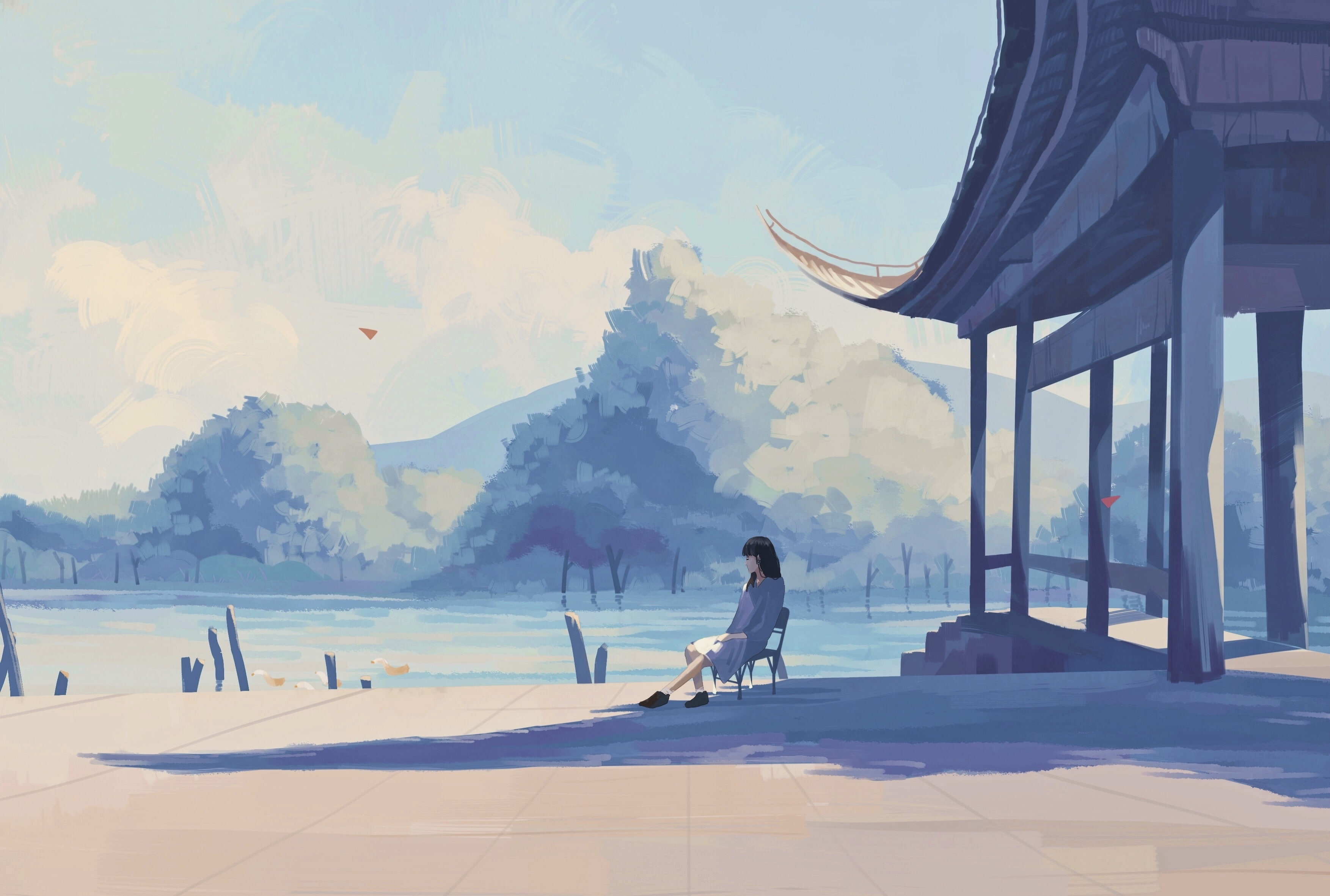 lonely anime girl lake pastel colors shadow real people 2k 4k