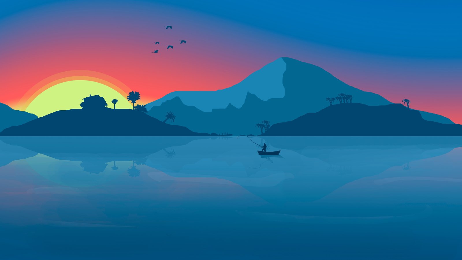 minimalism beach boat mountains sunset birds hd artist 2k 4k 5k 8k