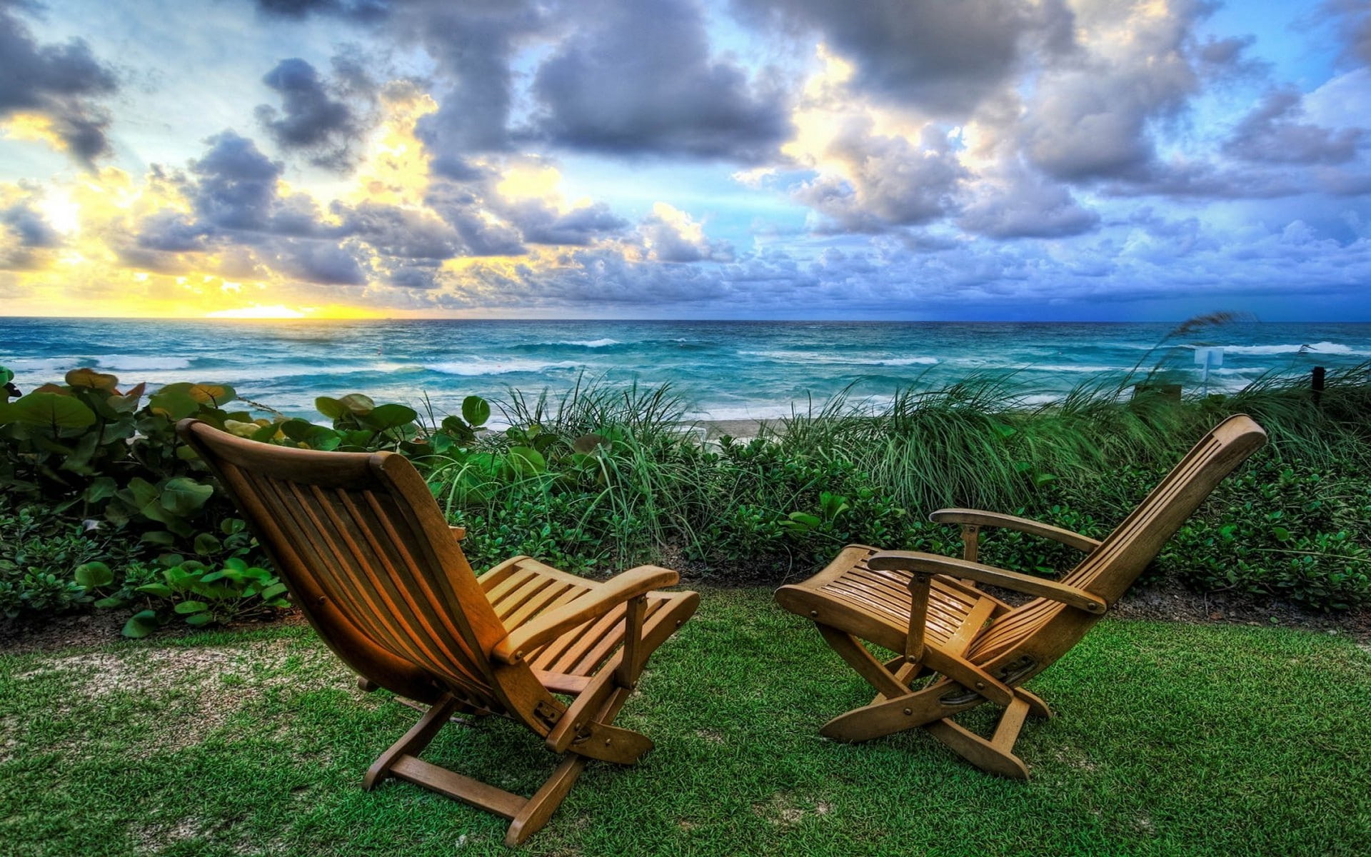 nature landscape chair beach lawns garden sunset sea 2k