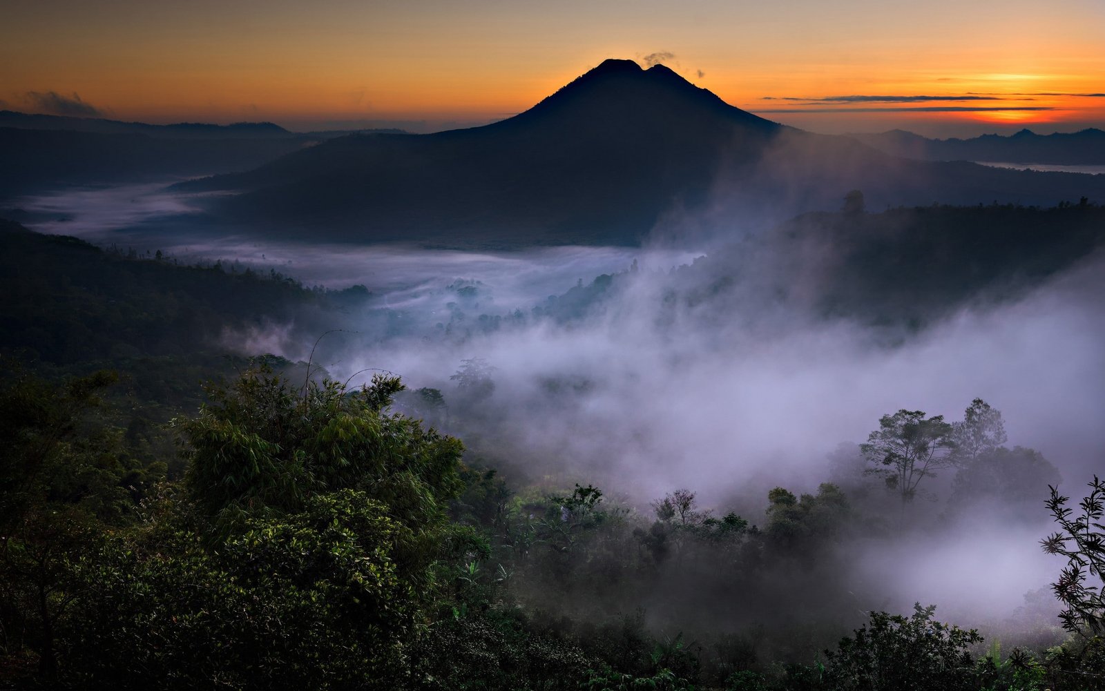 nature landscape mist mountains valley volcano forest 2k