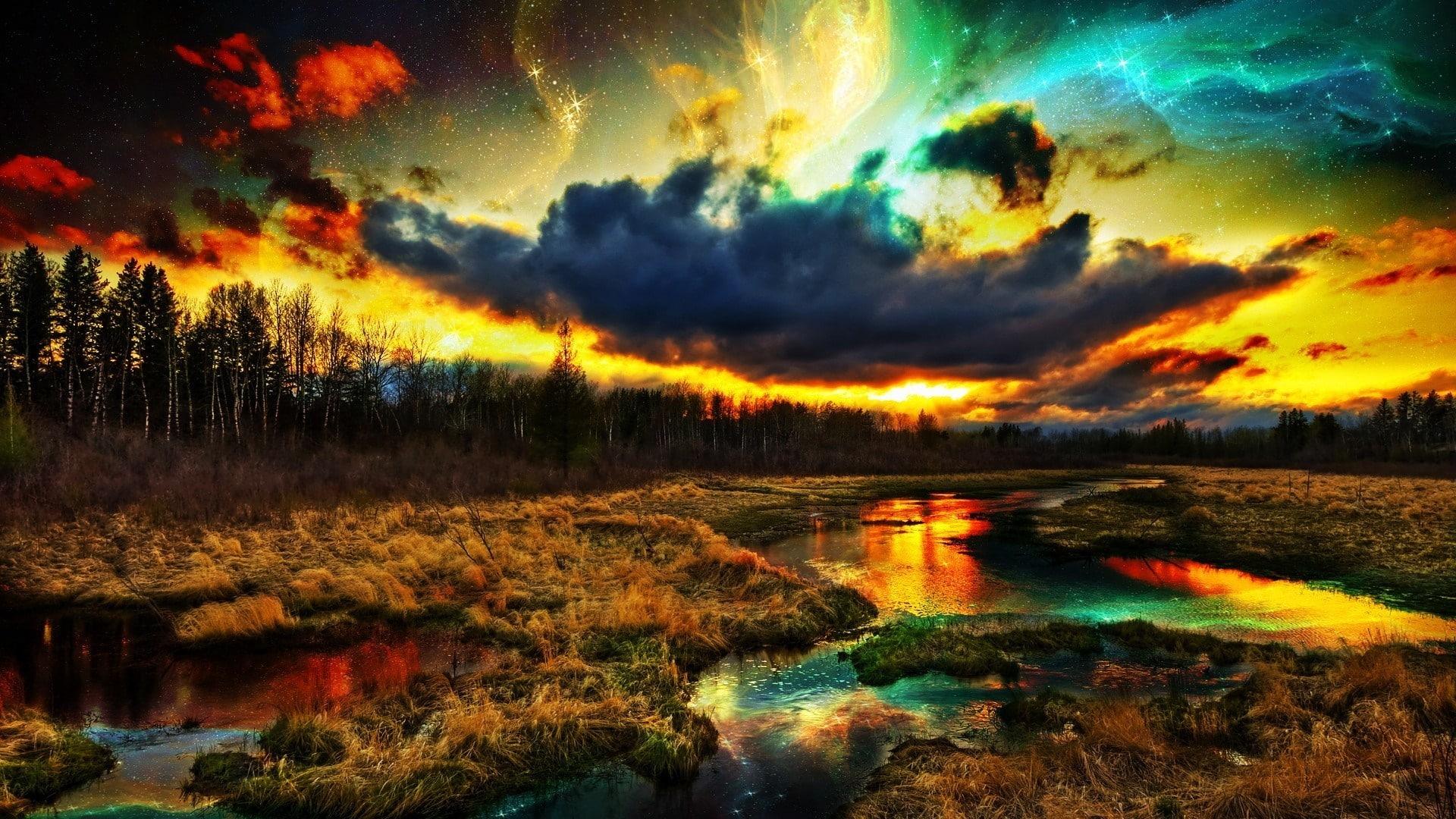 nature sky reflection fantasy landscape pond water wetland 2k