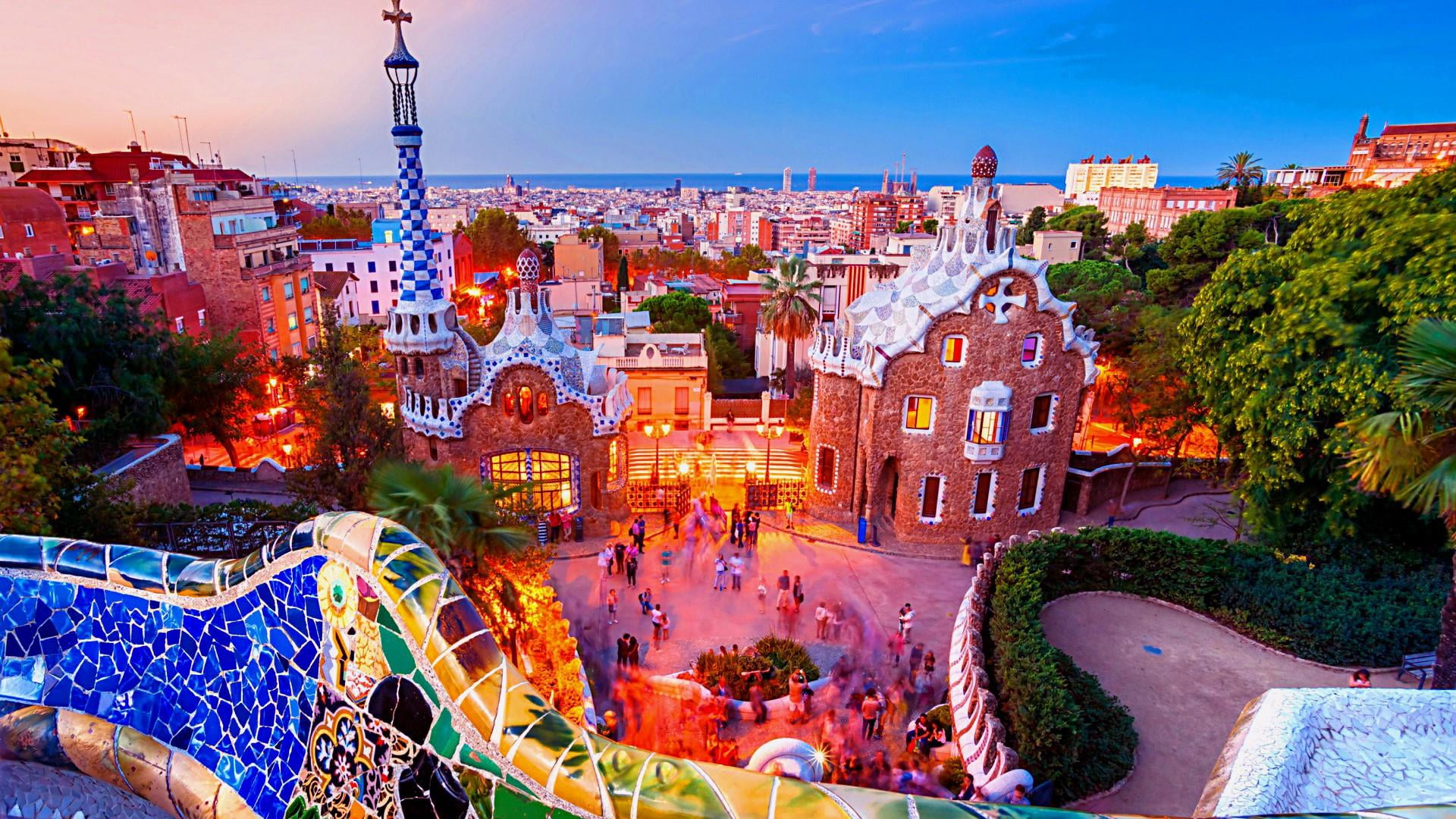 park guell barcelona europe spain architecture scenery 2k