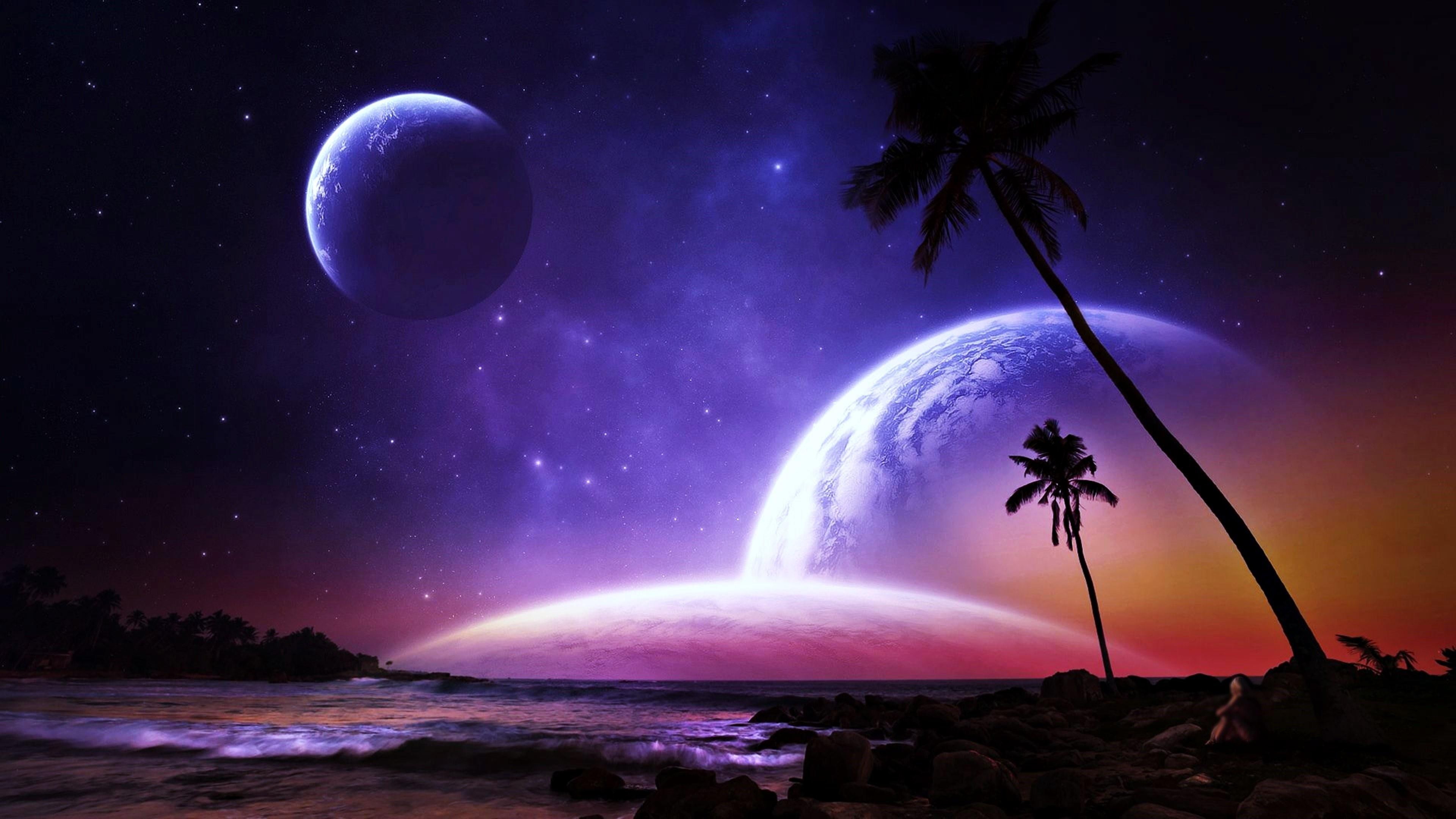 planet palms stars shore dream colorful space beach 2k 4k