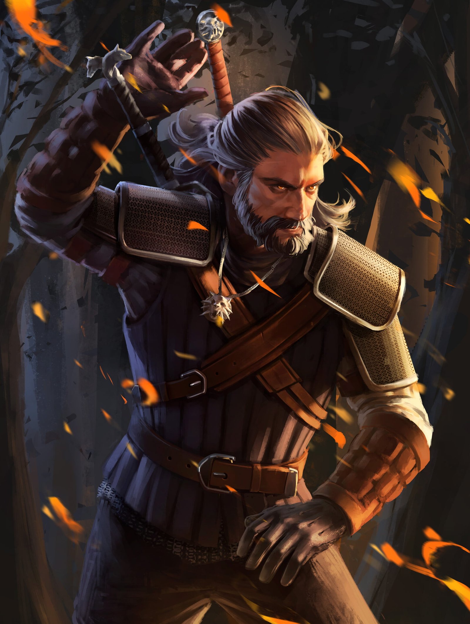 portrait display fire white hair Geralt of Rivia fan art 2k