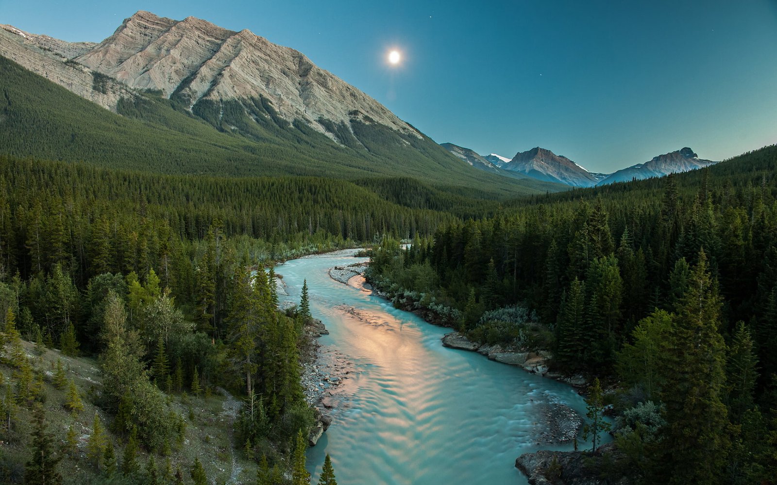 River Moonlight Mountains Landscape Forest Trees HD nature 2k