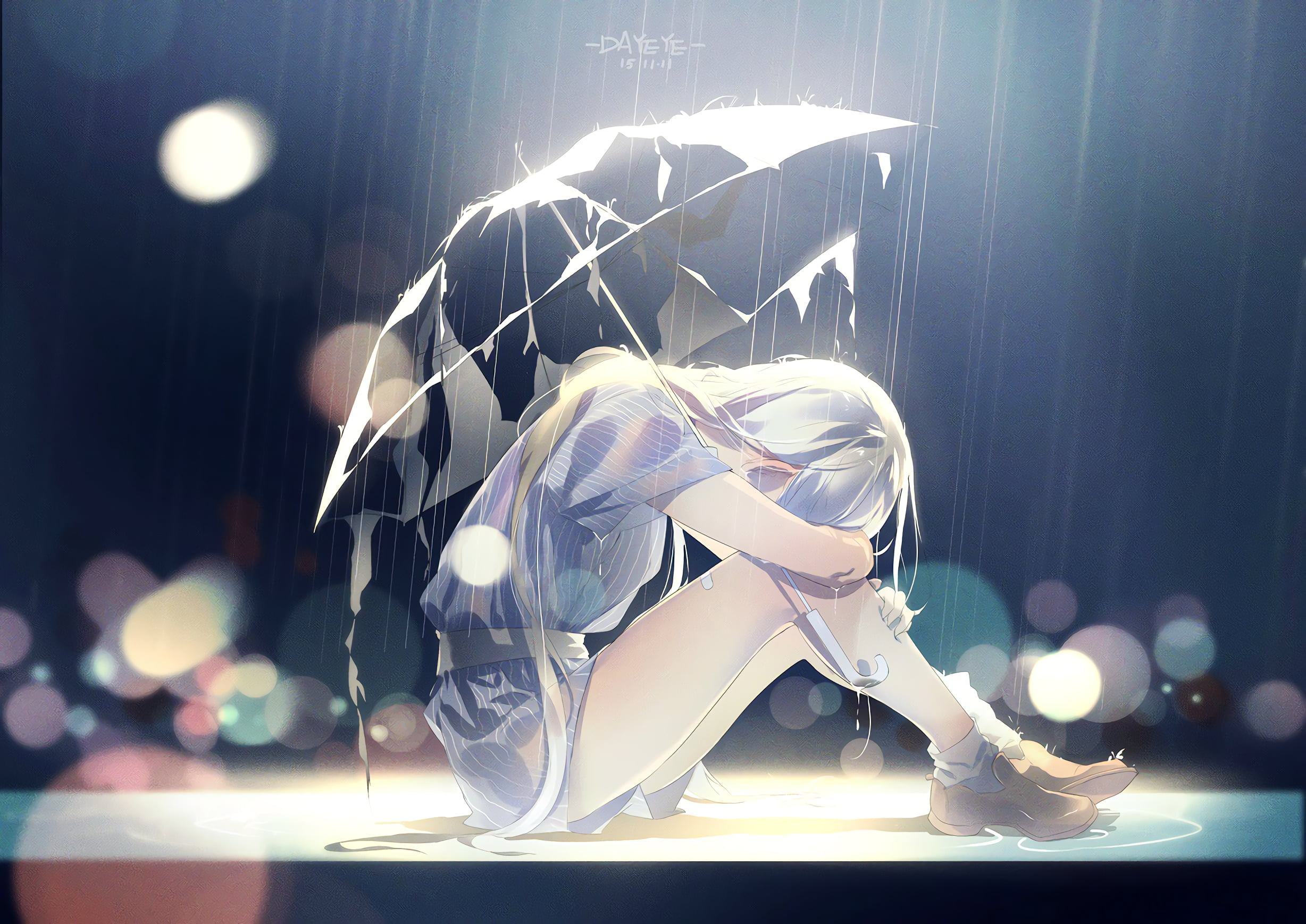sad rain crying umbrella anime girls white hair 2k