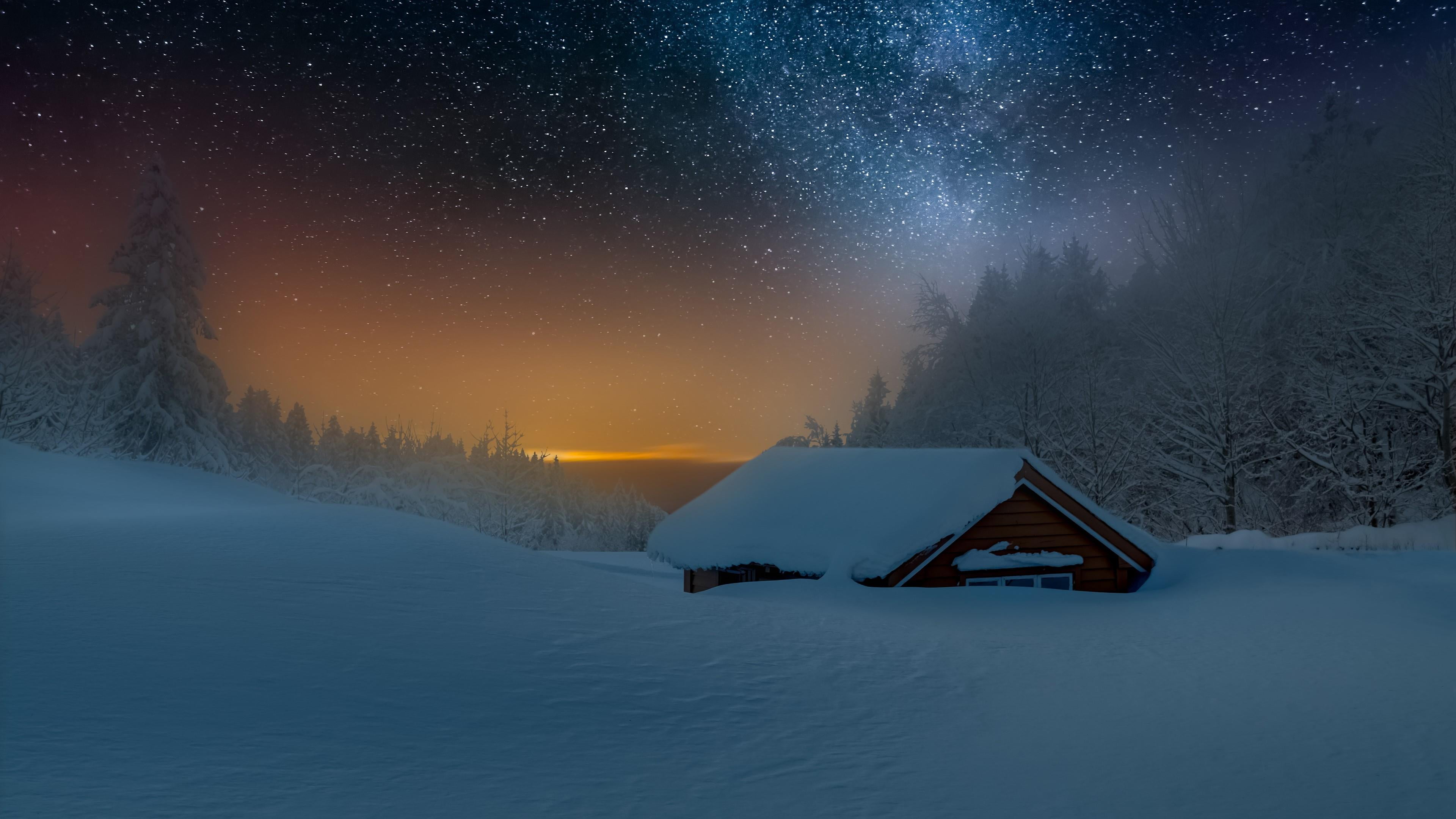 snowy nature winter freezing sky starry milky way light 2k 4k
