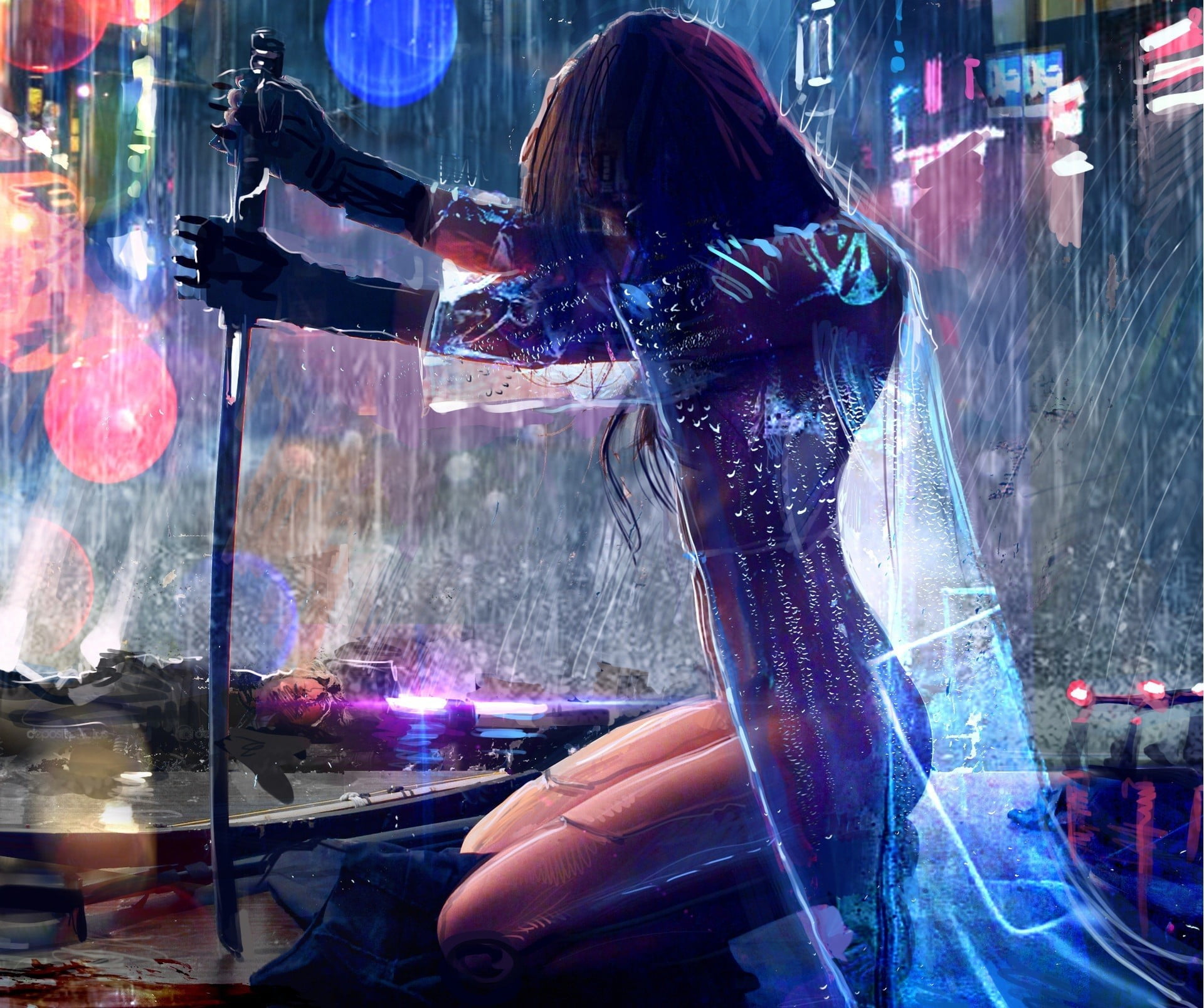 woman with sword wallpaper women artwork warrior rain cyberpunk 11 2k
