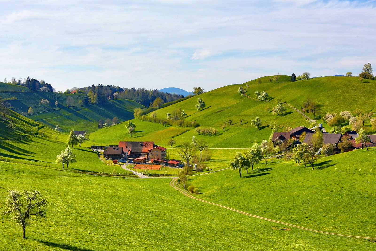 green grass field nature landscape hills trees house clouds 2k