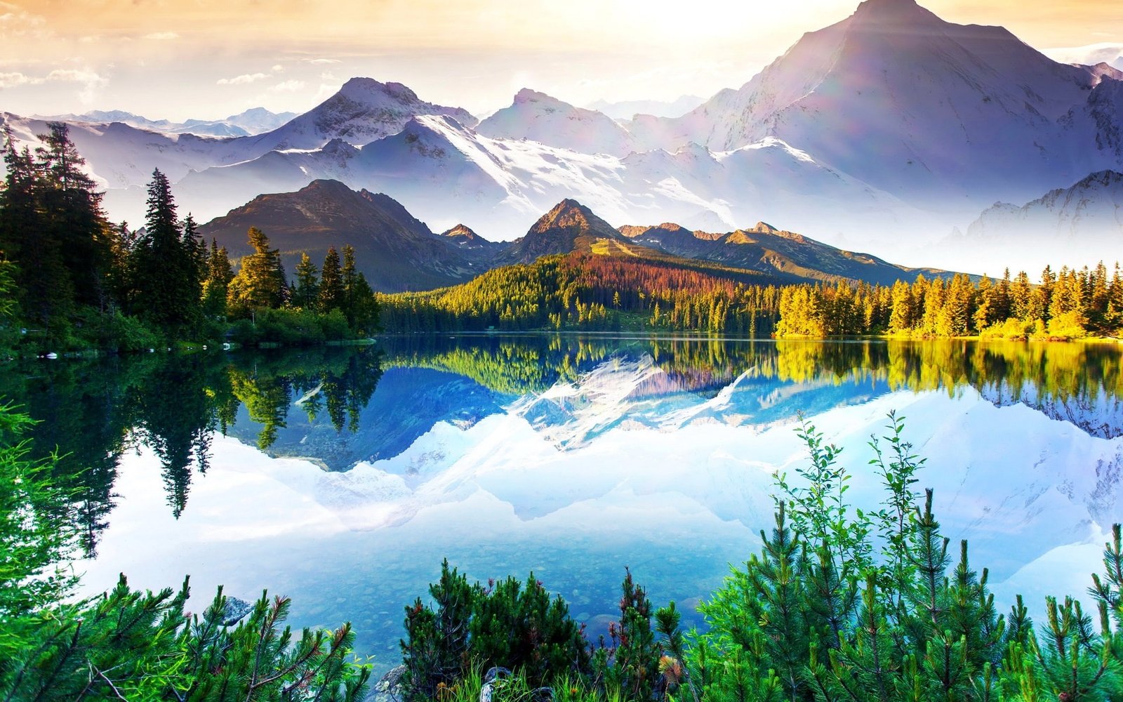 Beautiful nature landscape mountains trees lake sky clouds water reflection 2k